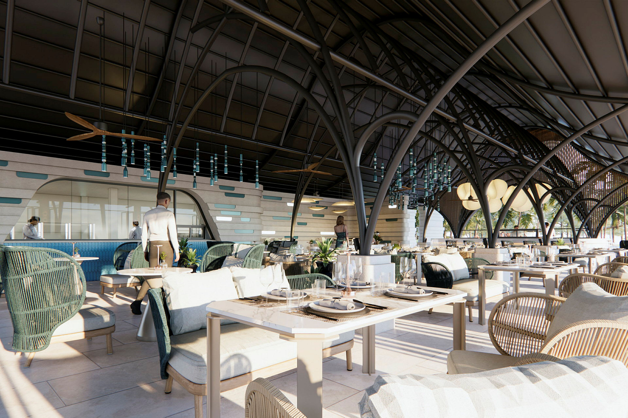 En moderne restaurant med elegante møbler og store vinduer. (AI-generert tekst)
