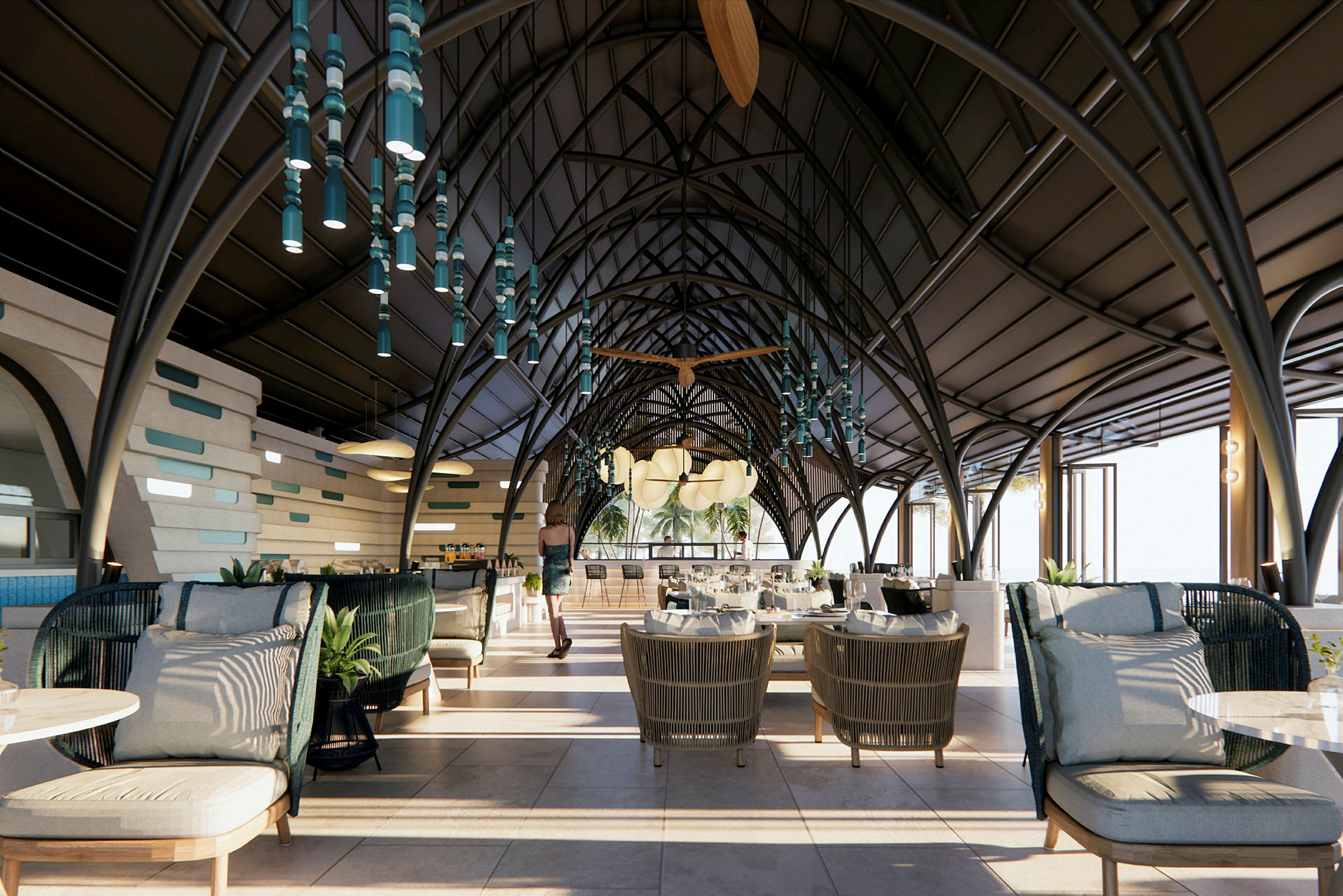 Interiøret i en romslig, moderne restaurant med buede tak og flere sittegrupper. (AI-generert tekst)