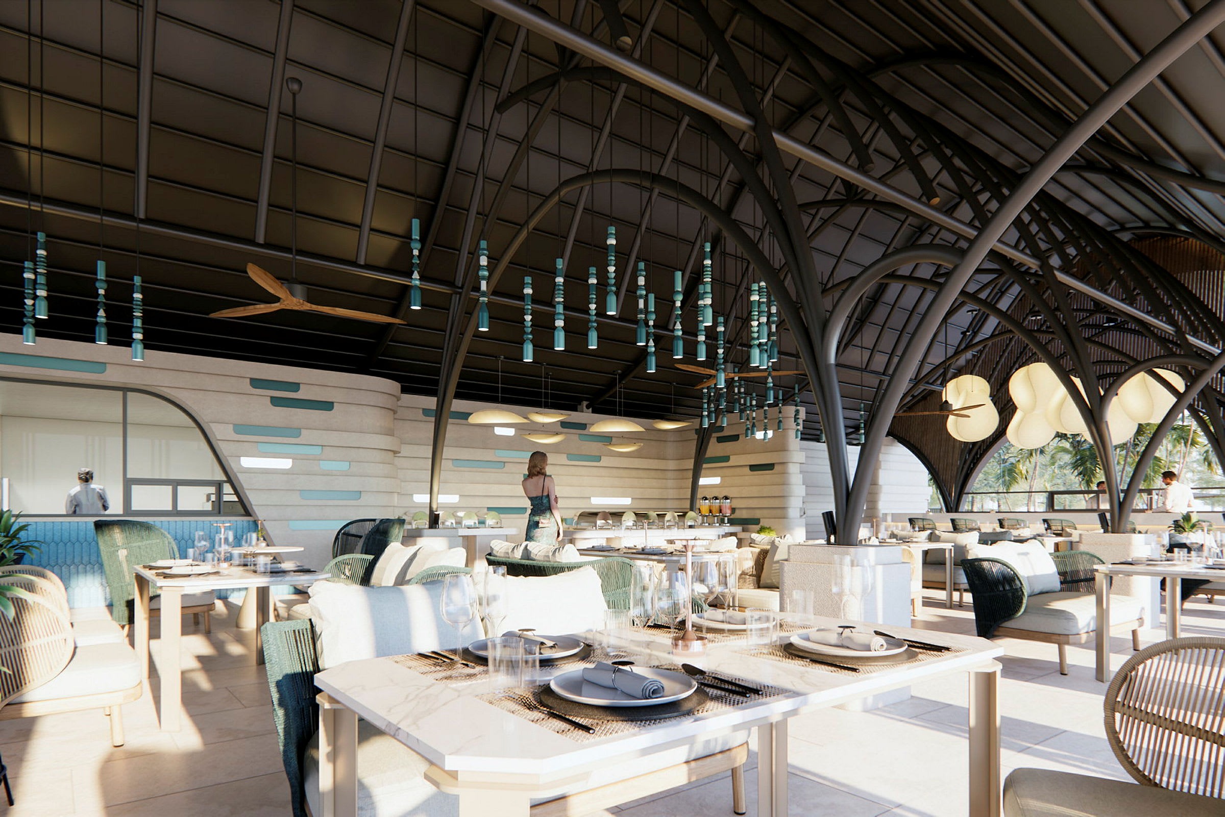 Restaurant med elegant interiør og opplyst tak. (AI-generert tekst)