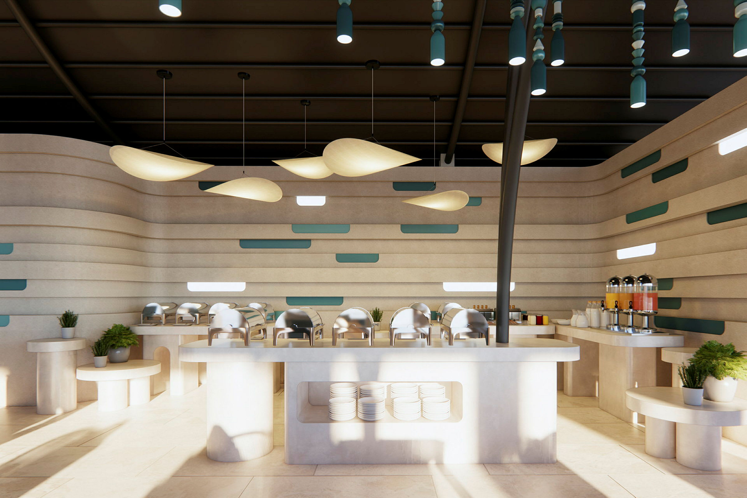 Moderne innredet spisesal med buffetbord og dekorative lamper. (AI-generert tekst)