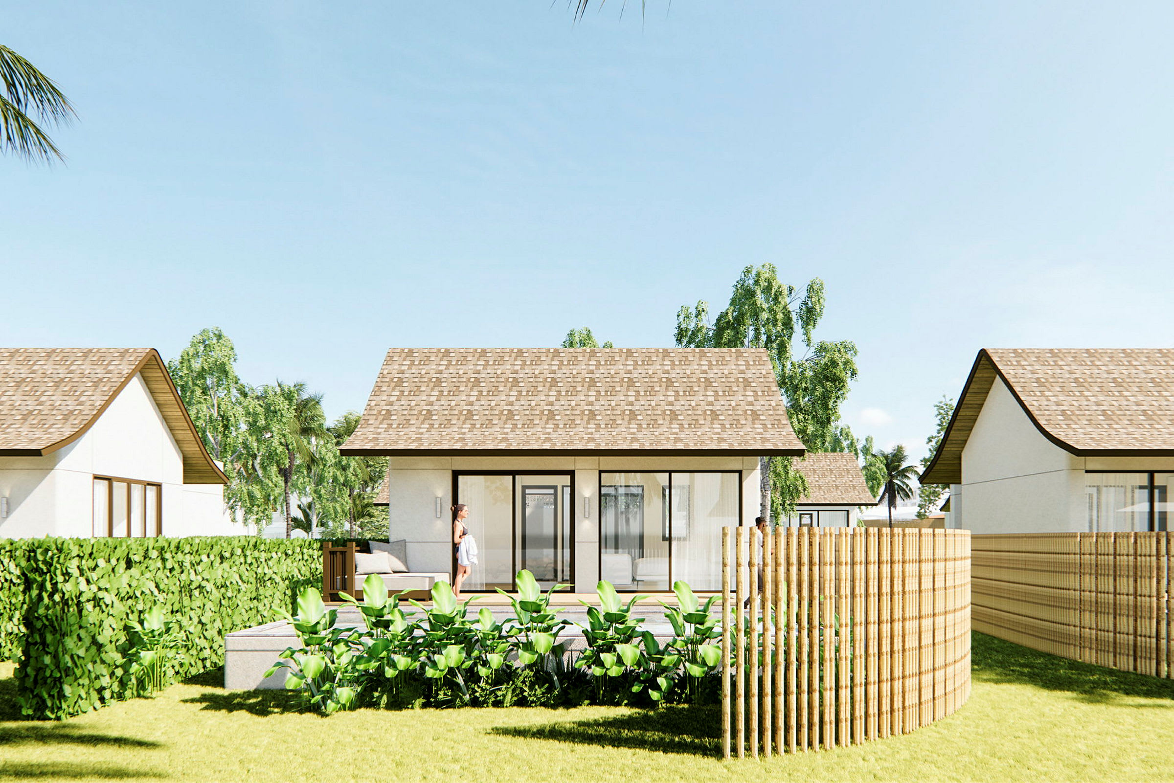 En moderne villa med terrasse omgitt av grøntområder. (AI-generert tekst)