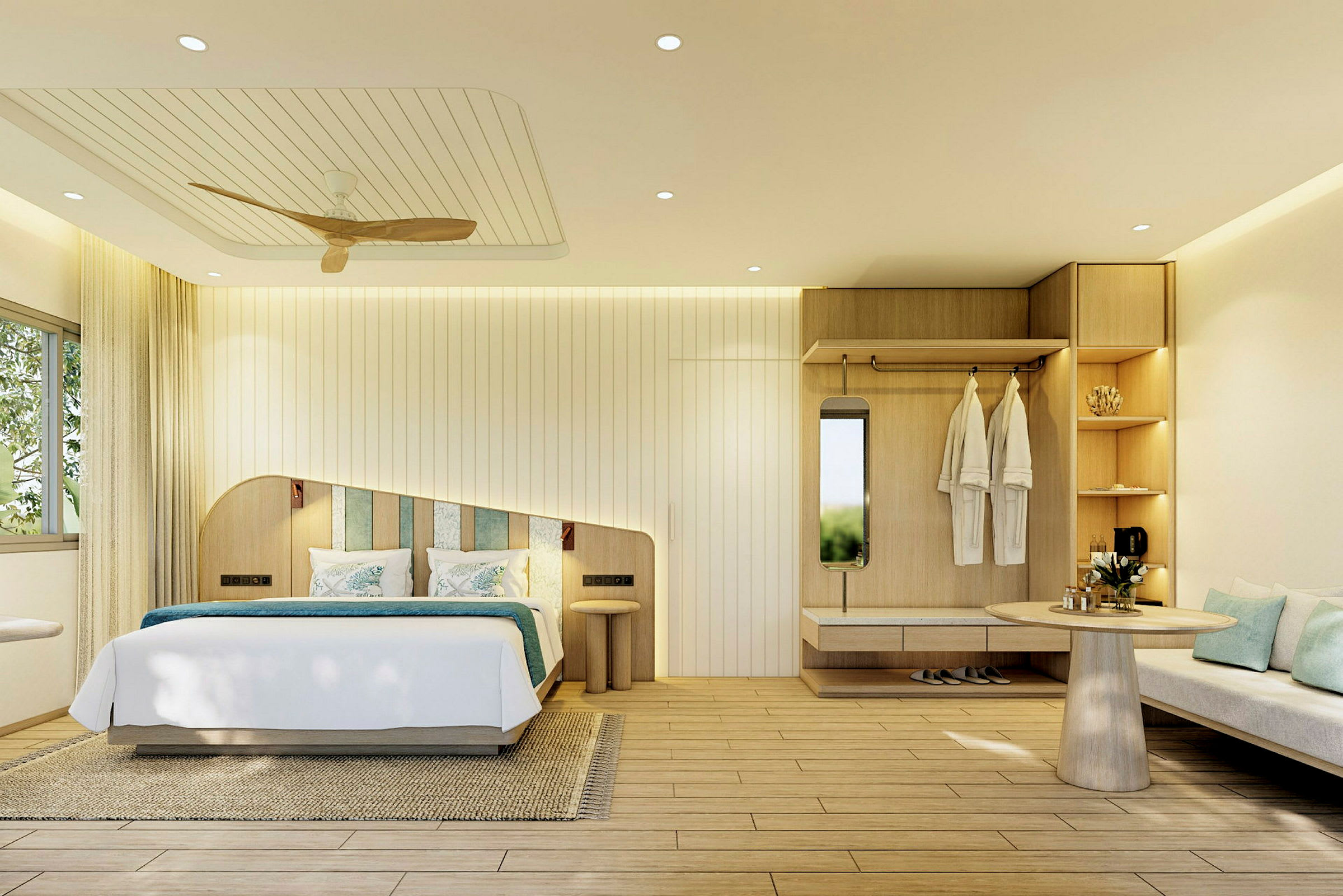 Et moderne hotellrom med en dobbeltseng, tredetaljer og sittegruppe. (AI-generert tekst)