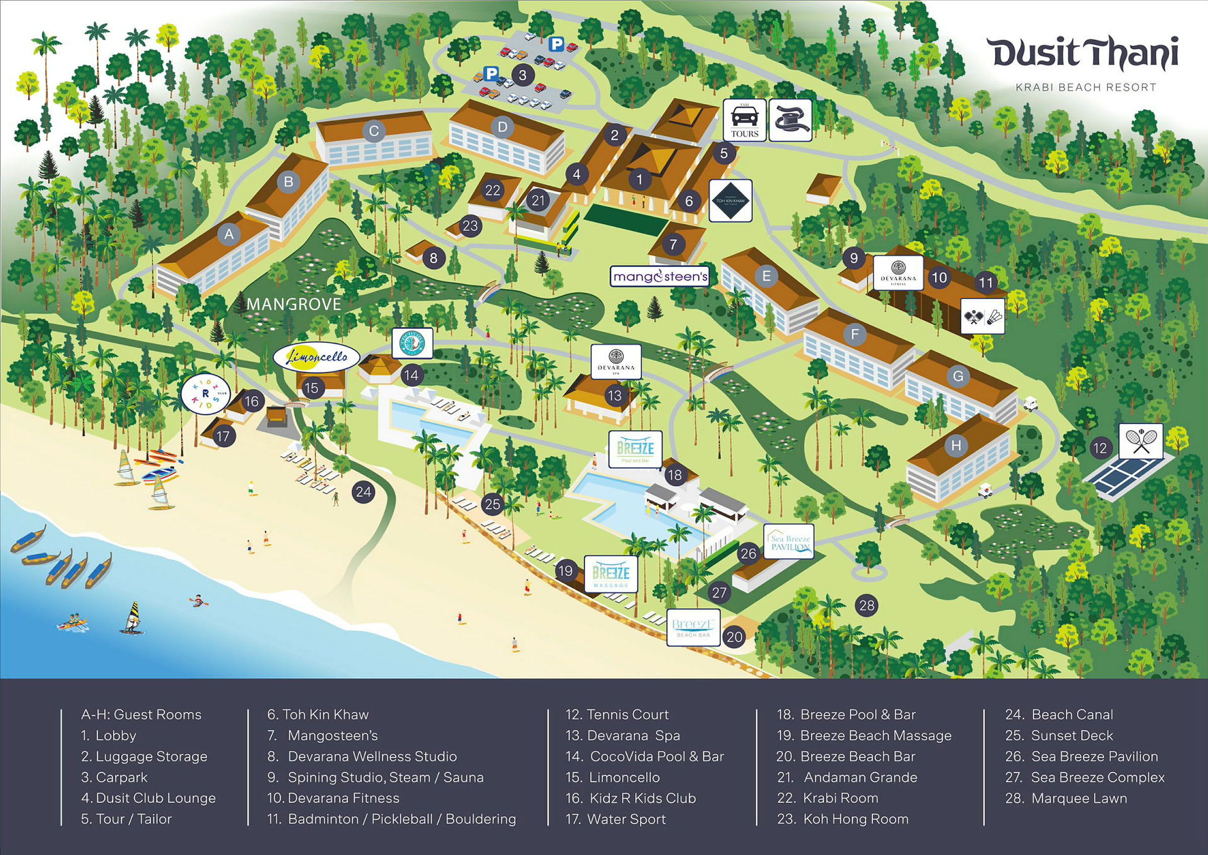 Et illustrert kart over Dusit Thani Krabi Beach Resort med bygninger, fasiliteter og strandområder markert. (AI-generert tekst)