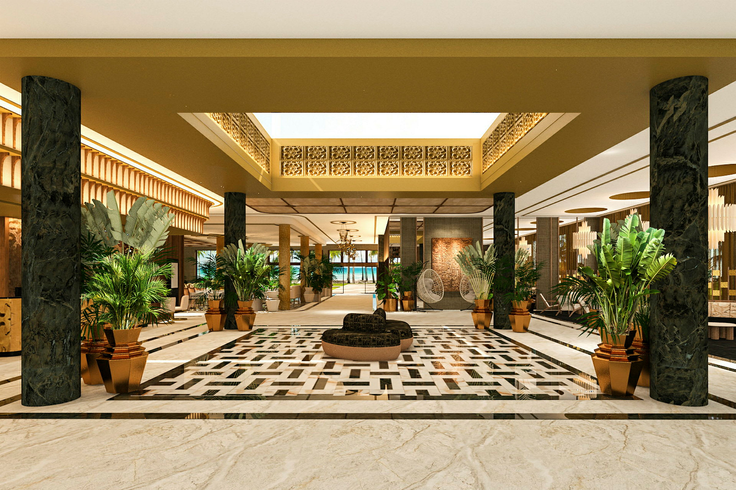 En elegant hotellobby med mønstret gulv, grønne planter i potter og lysekroner i taket. (AI-generert tekst)