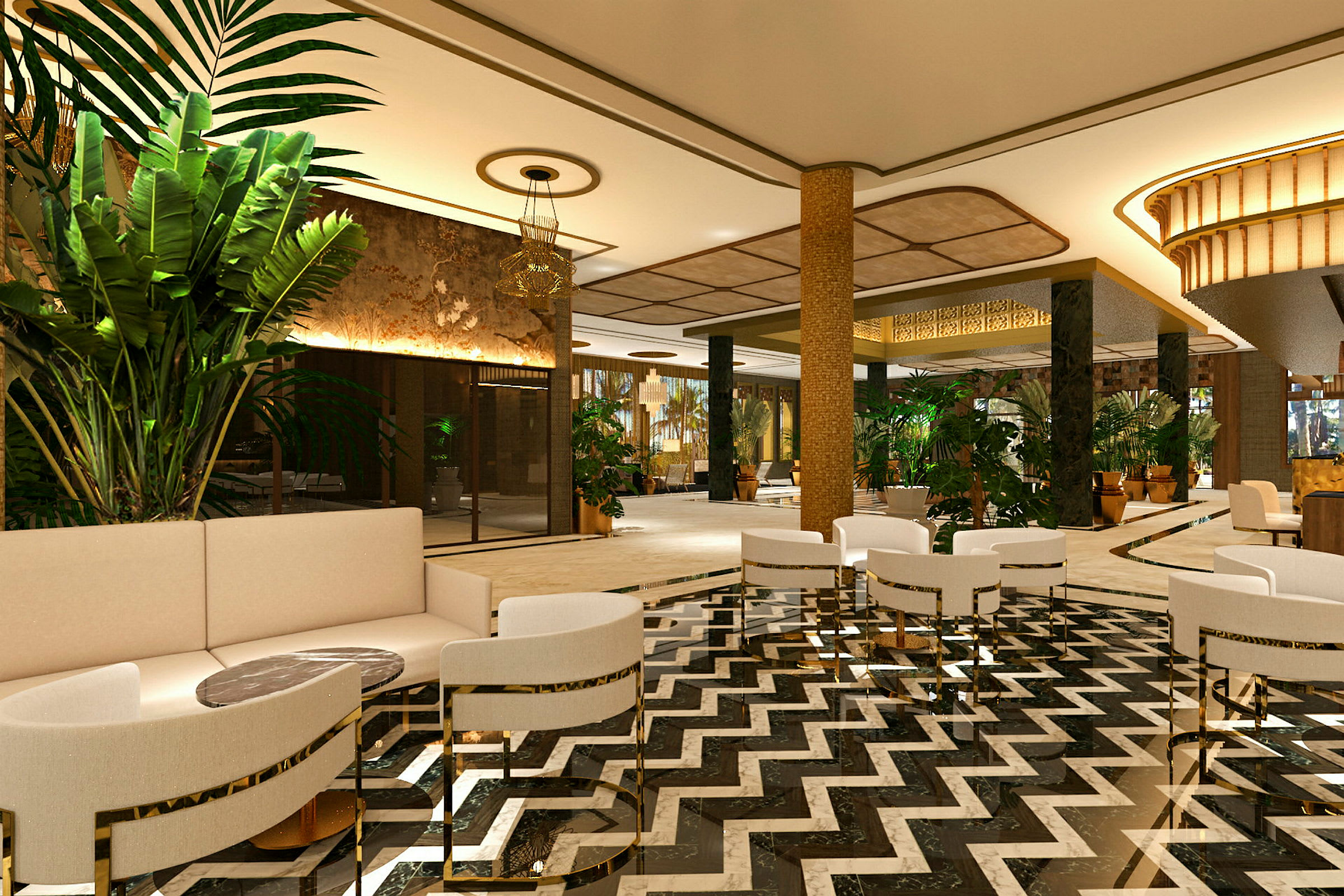 En elegant hotellobby med moderne interiør, hvite møbler, mønstrete gulv og frodige planter. (AI-generert tekst)