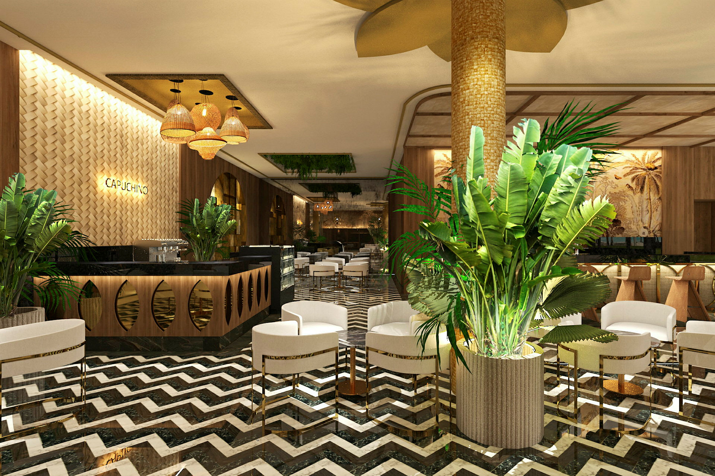 Elegant kafé med hvite stoler, frodige planter og moderne interiør. (AI-generert tekst)