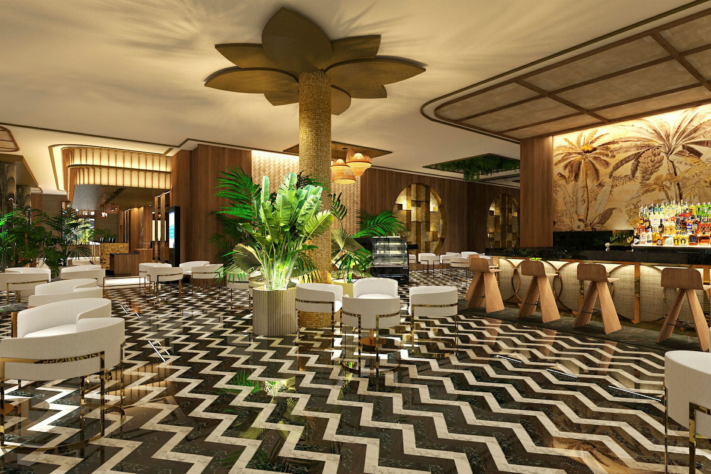 Moderne og elegant hotellobby med marmorfliser i sikksakkmønster, grønne planter, hvite lenestoler og en opplyst bar. (AI-generert tekst)