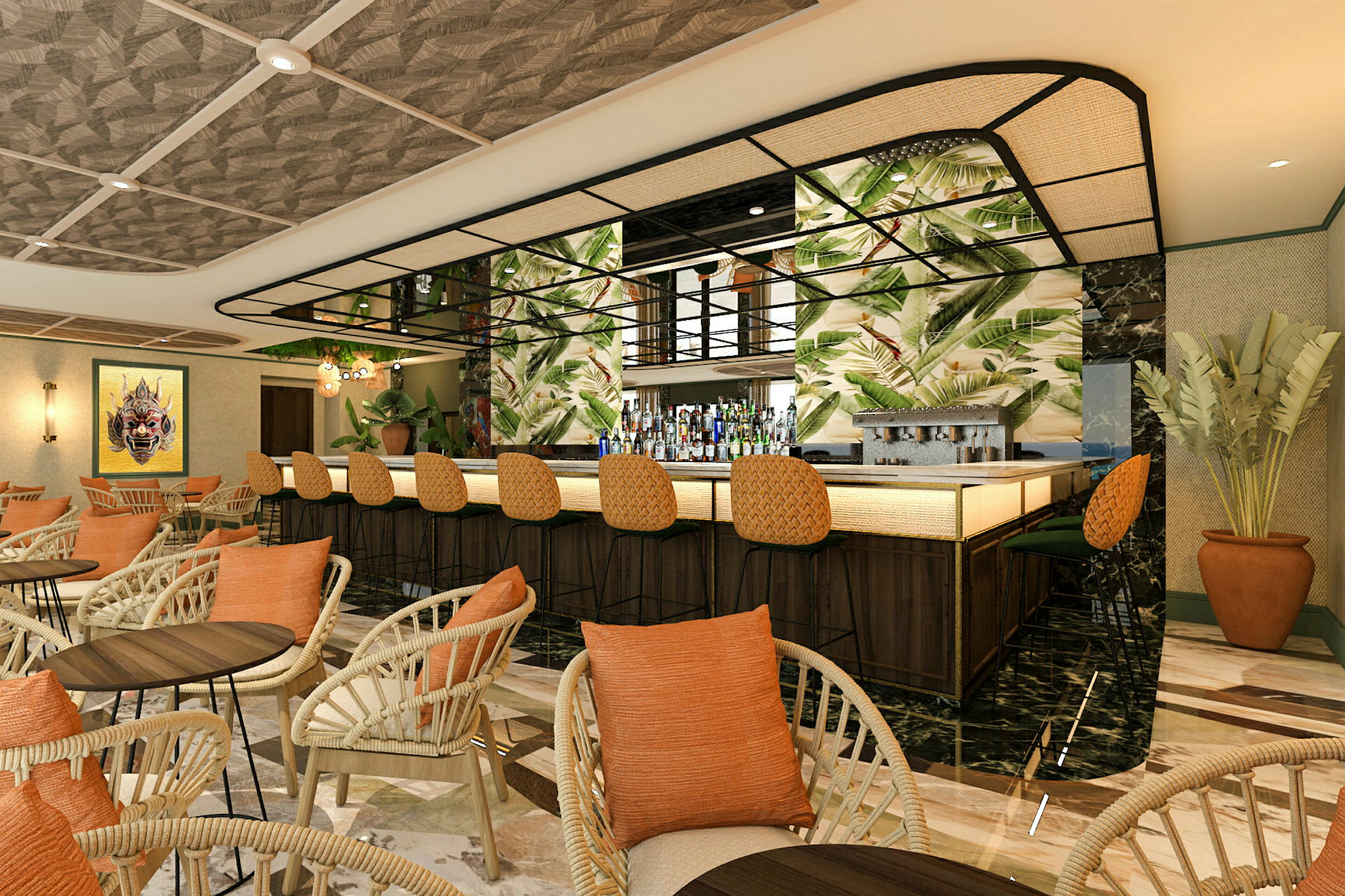 En moderne bar med en lang bardisk, barkrakker og sitteplasser i lyse farger. Veggene har mønster med plante-design. (AI-generert tekst)