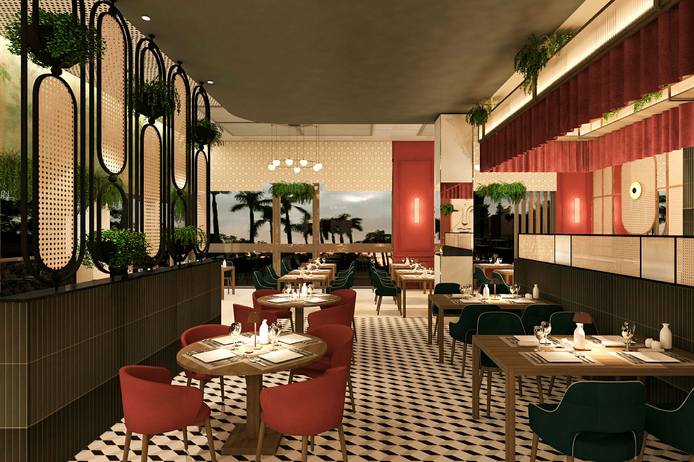 Et moderne restaurantinteriør med røde og grønne stoler samt trebord, gulv med geometrisk mønster og dekorative planter. (AI-generert tekst)
