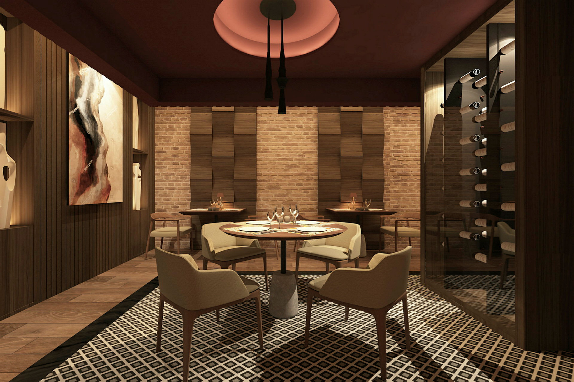 En moderne innredet restaurant med tredetaljer, en hylle fylt med vinflasker og kunst på veggene. (AI-generert tekst)