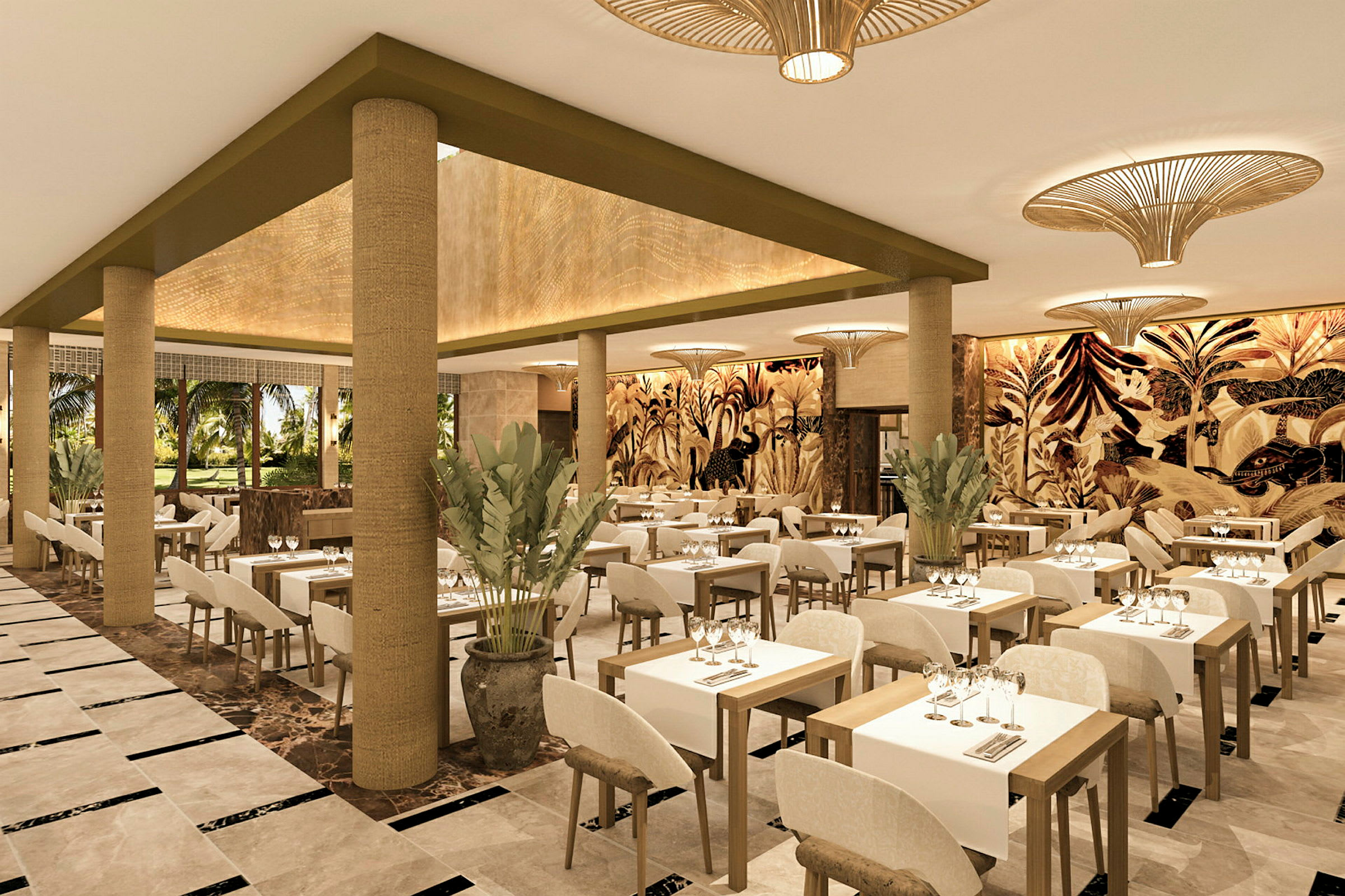 En elegant restaurant med lyse trebord, hvite duker og en tropisk veggmaleri. (AI-generert tekst)