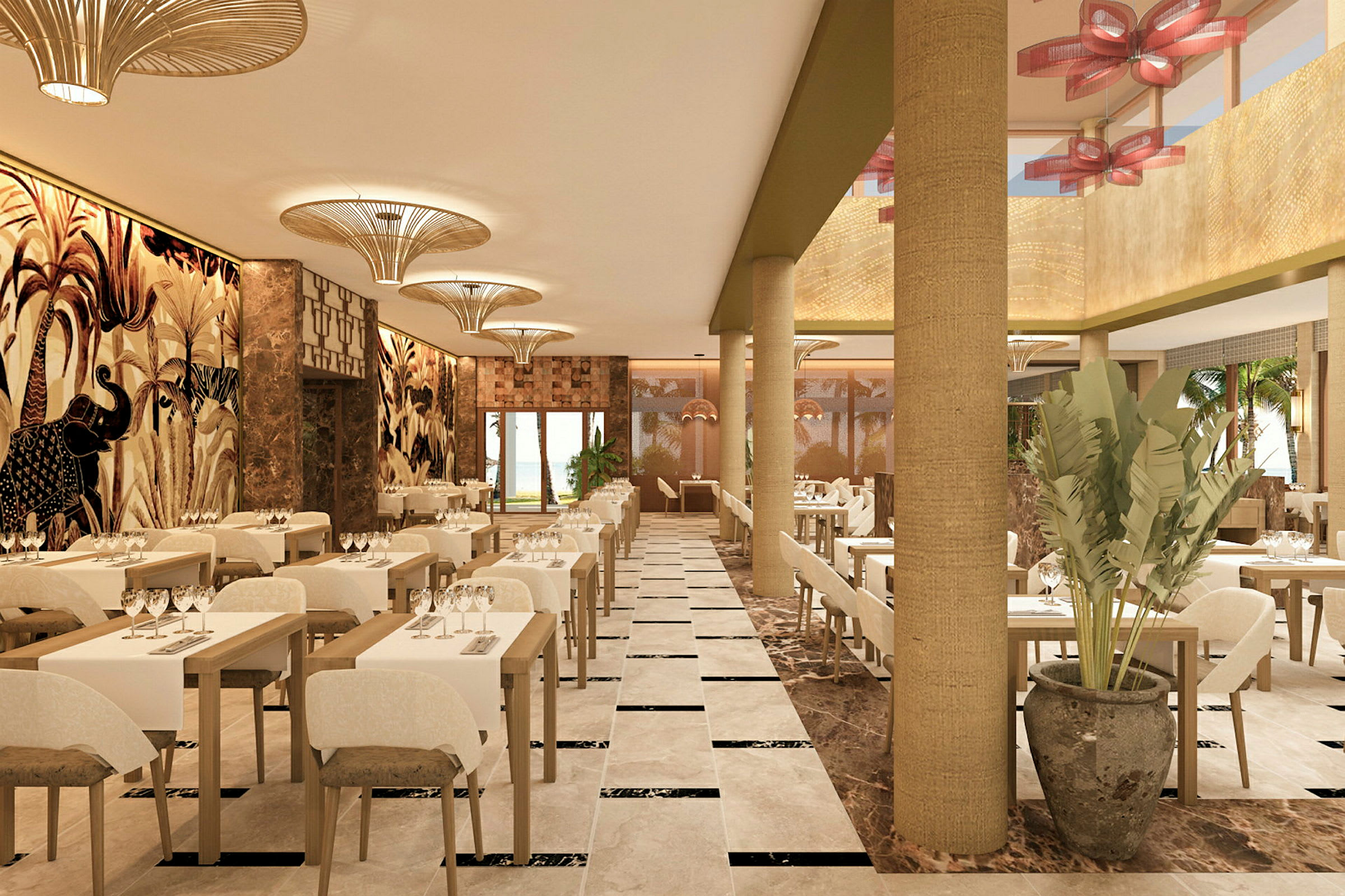 En elegant innredet restaurant med bord plassert i rekker, dekorert med hvite duker og glass. Veggene er utsmykket med kunstneriske motiver, og det er store grønne planter i potter. (AI-generert tekst)