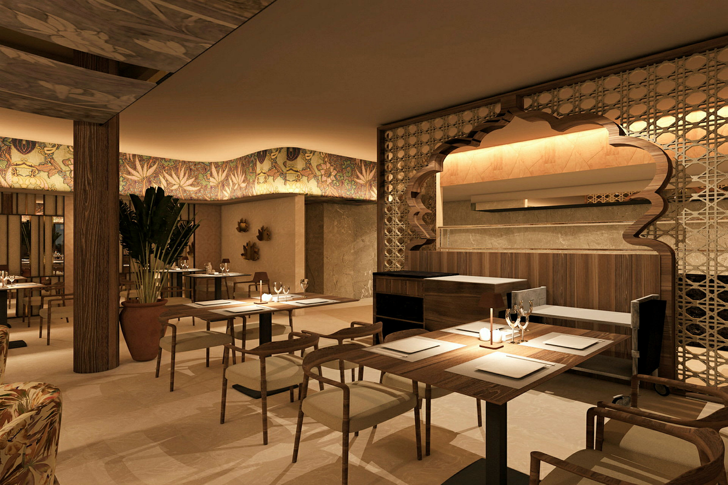 Elegant restaurantinteriør i varme, dempede farger, med bord og stoler arrangert for å skape en koselig atmosfære. (AI-generert tekst)