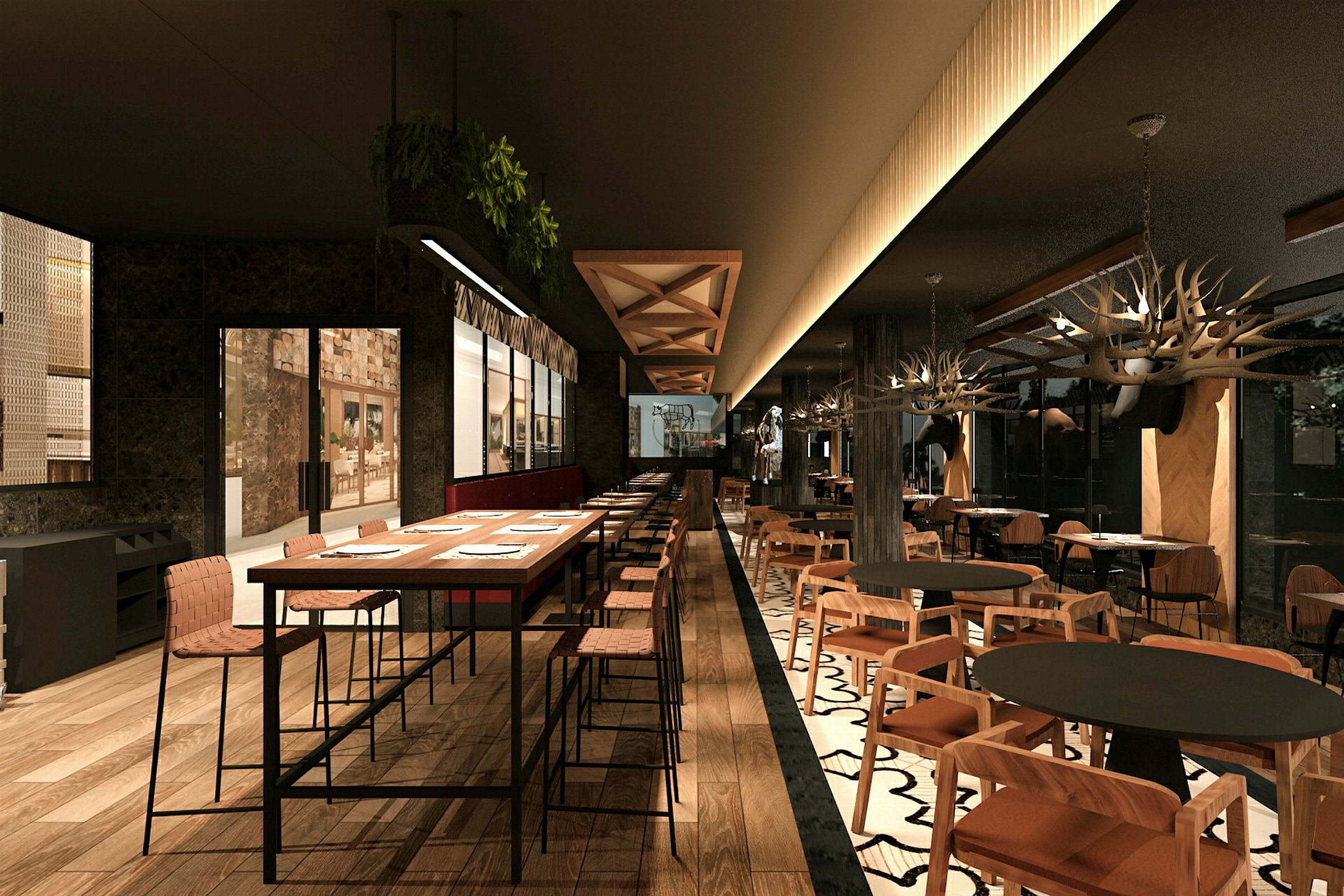 En moderne og stilfull restaurant med trebord og stoler, samt dekorative taklamper formet som horn. (AI-generert tekst)