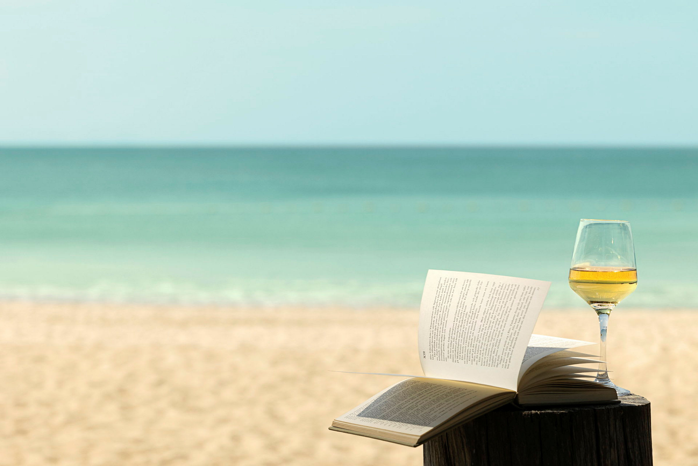 En åpen bok og et glass vin står på et bord ved en strand med havet i bakgrunnen. (AI-generert tekst)
