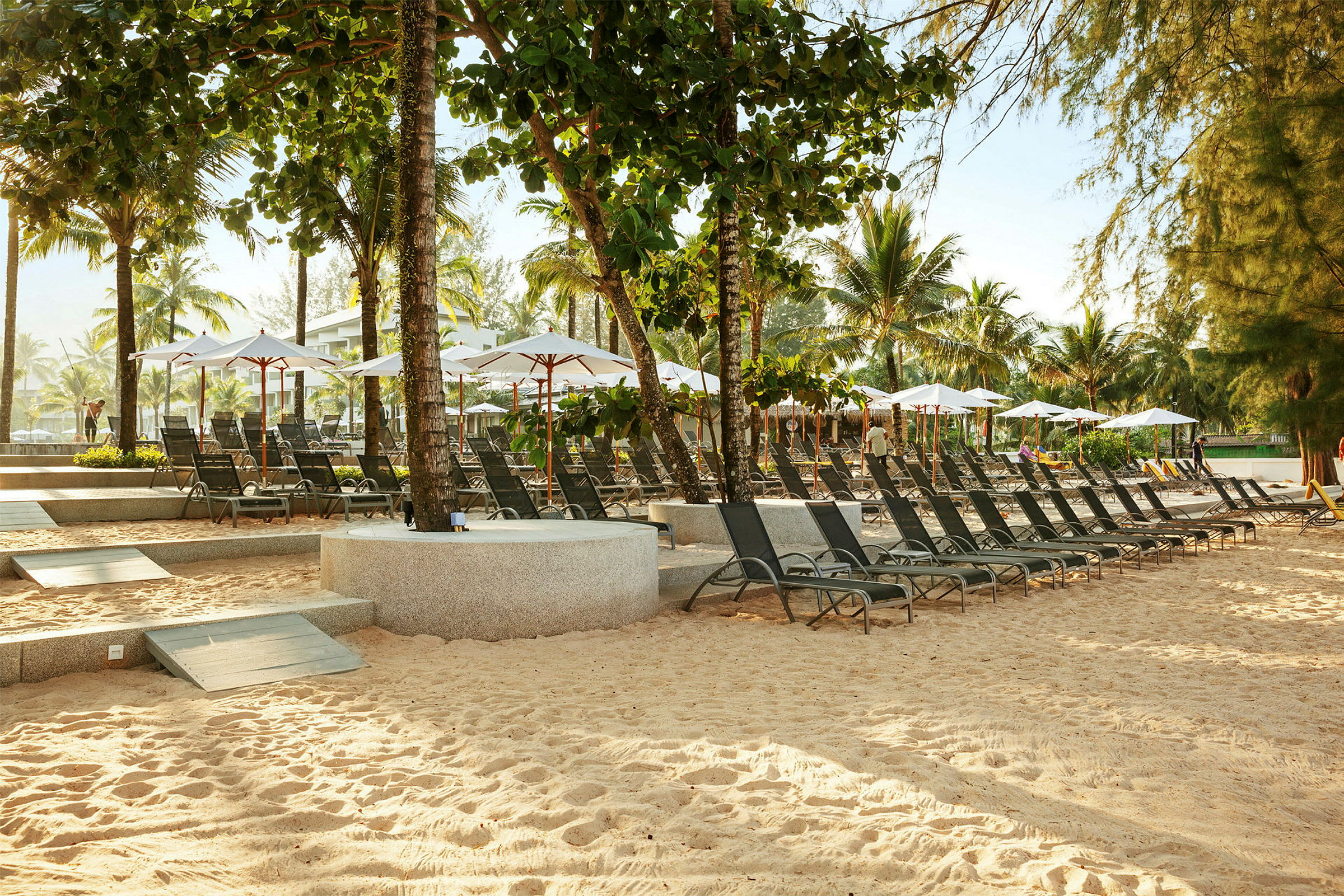 Solstoler og parasoller på en strand med sand og palmetrær. (AI-generert tekst)