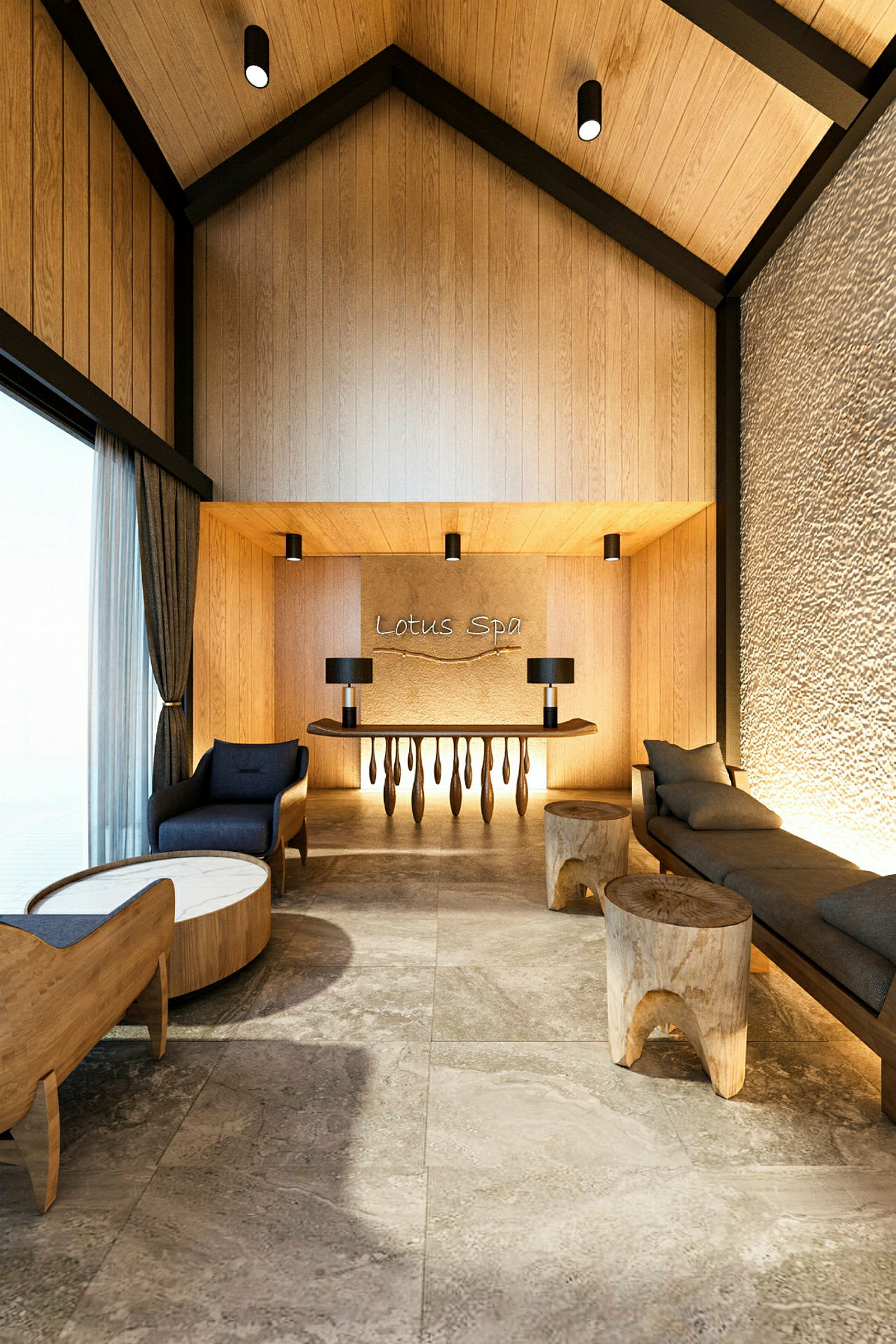 Interiør av et spa med moderne og treinspirert design. (AI-generert tekst)