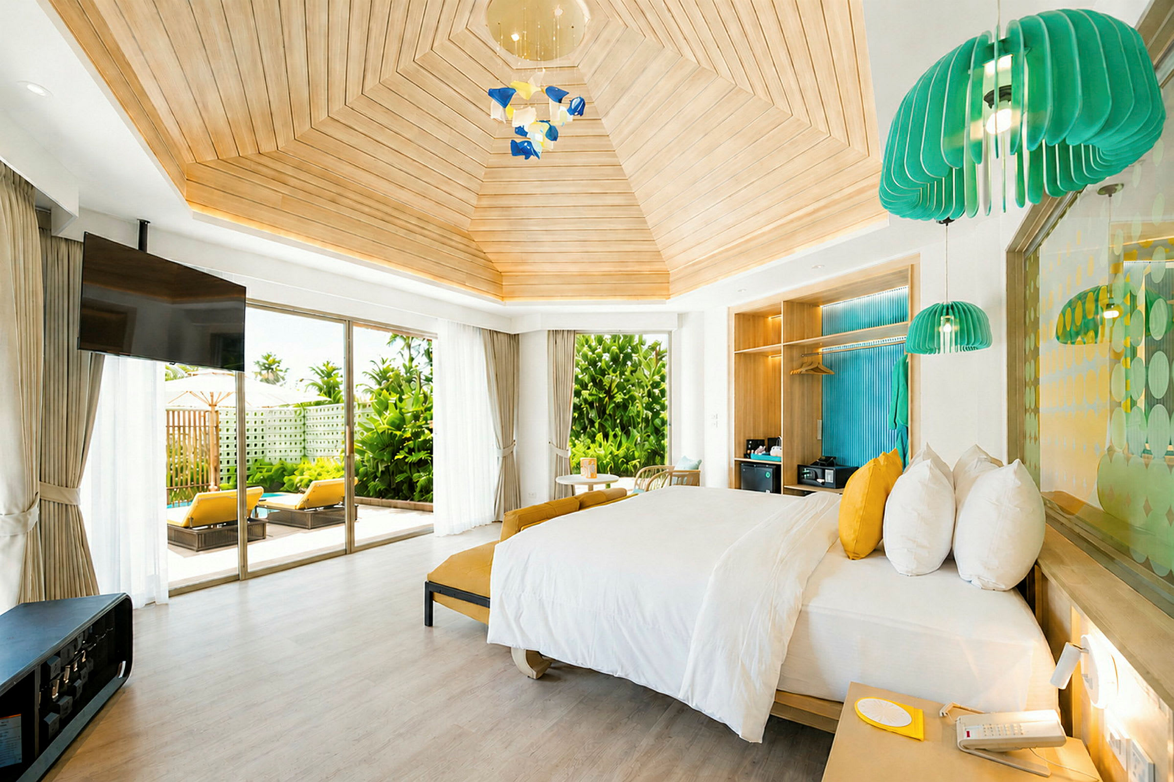 Et lyst og romslig hotellrom med moderne innredning, en stor seng og store vinduer som vender mot en uteplass med solsenger og beplantning. (AI-generert tekst)