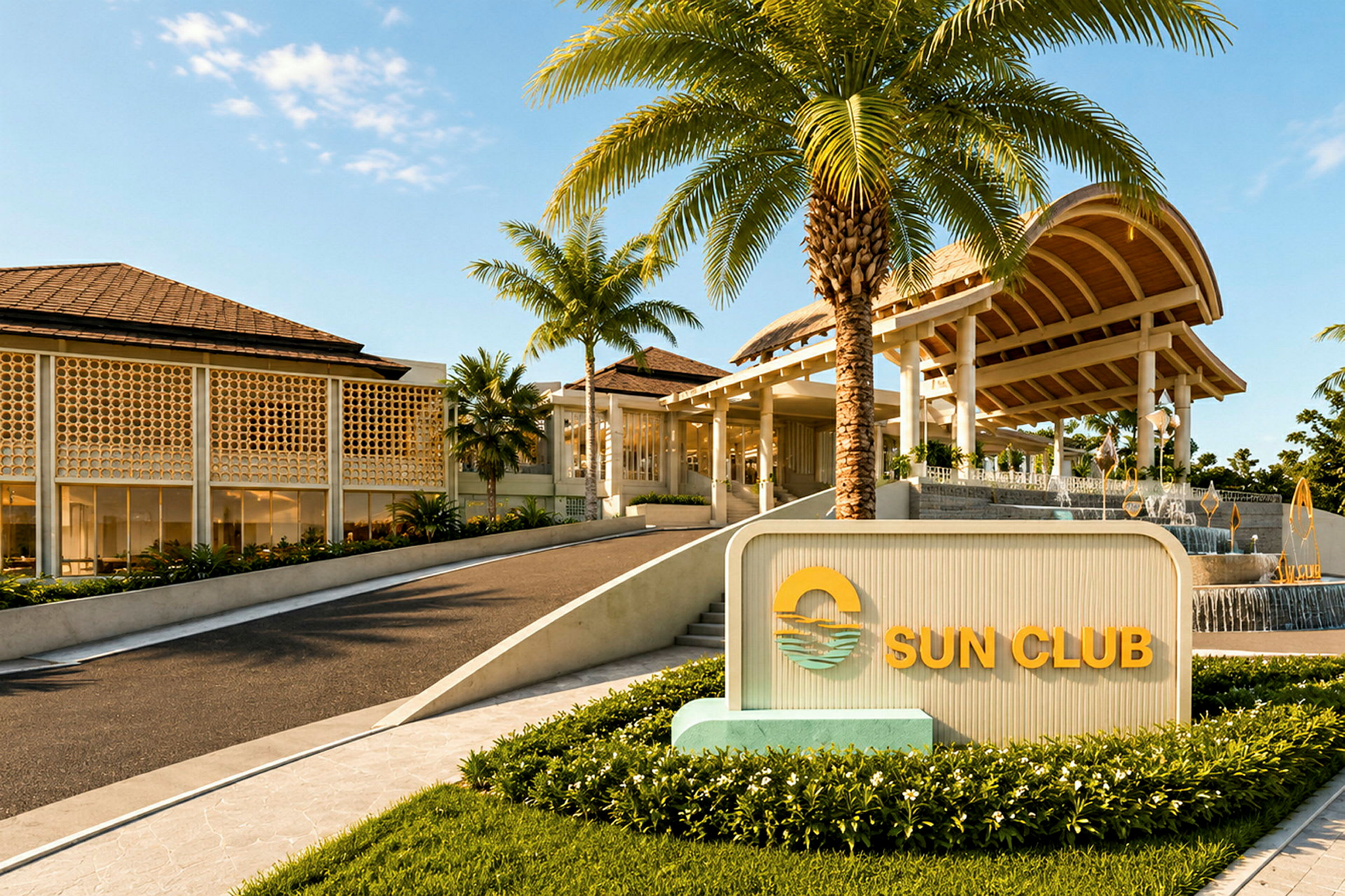 En moderne bygning med et skilt med teksten "Sun Club" i forgrunnen og palmer rundt. (AI-generert tekst)