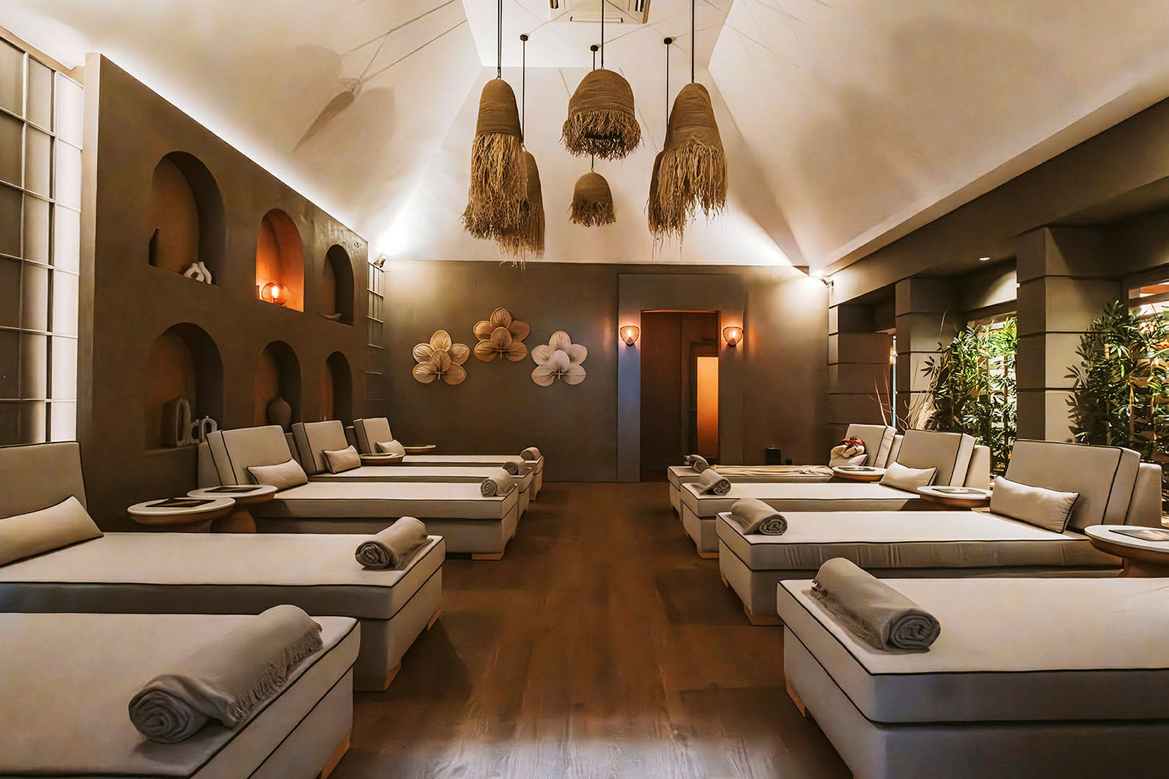 Et elegant spa-rom med dempet belysning, komfortable liggestoler og dekorative veggdekorasjoner. (AI-generert tekst)