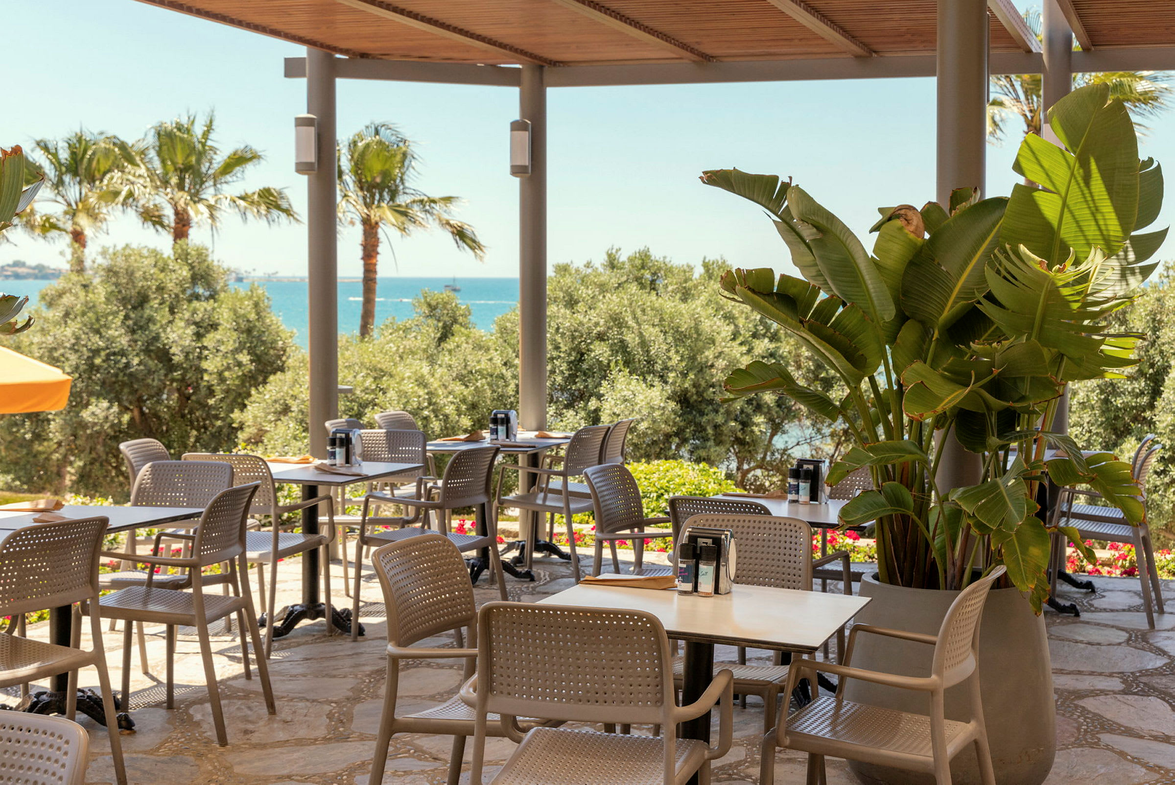 En utendørsterrasse på en kafé eller restaurant med bord og stoler under et tak, omgitt av grønne planter og utsikt over havet. (AI-generert tekst)