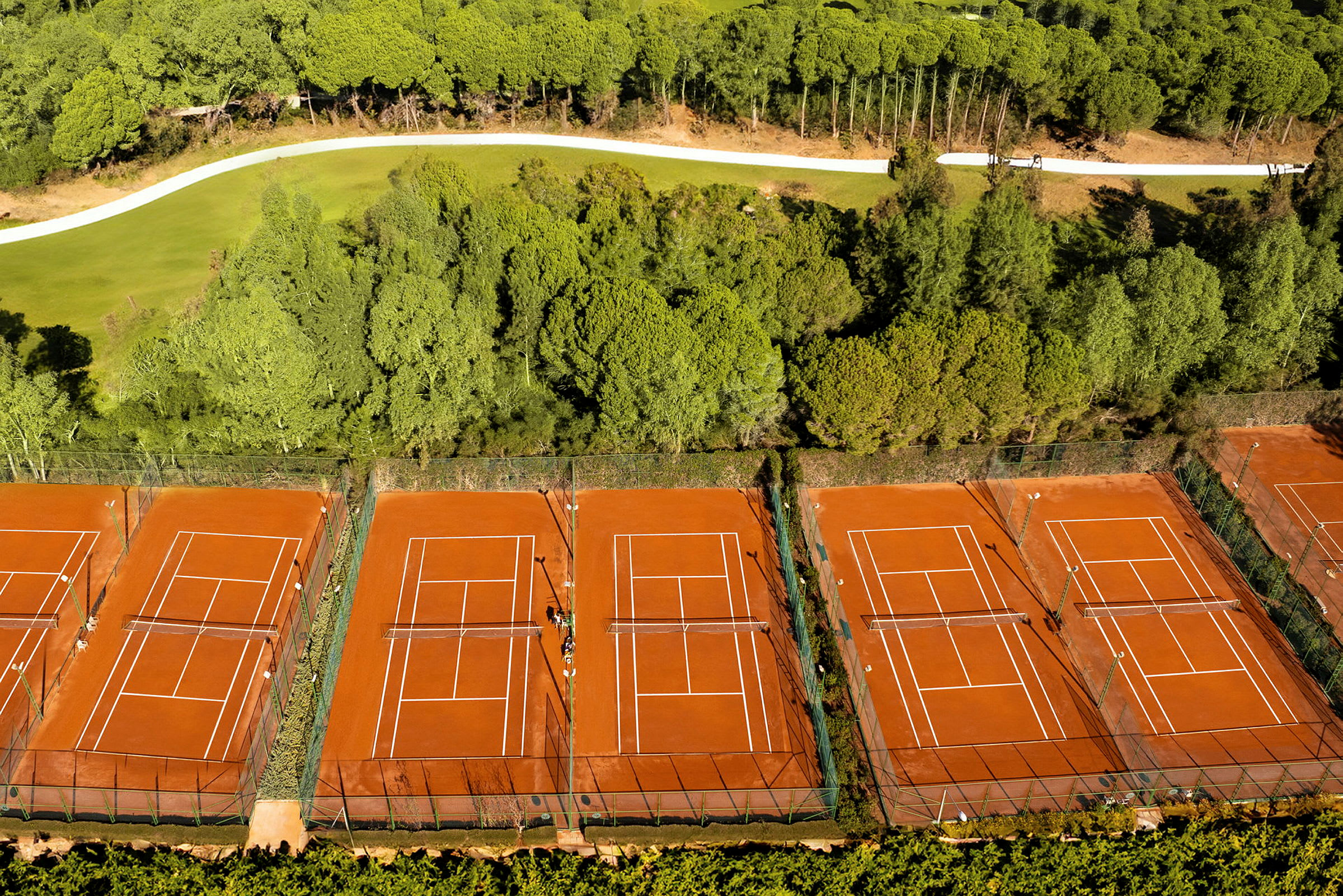 Bilde av flere tennisbaner omgitt av trær. (AI-generert tekst)