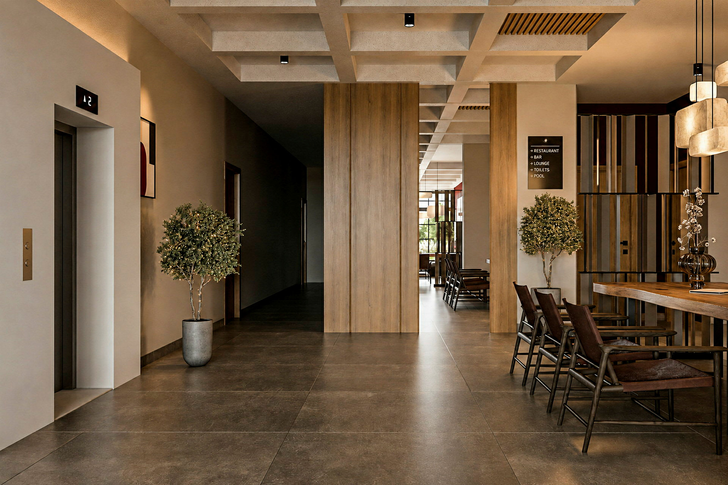 En moderne hotellobby med treinnslag, sitteplasser og planter. (AI-generert tekst)