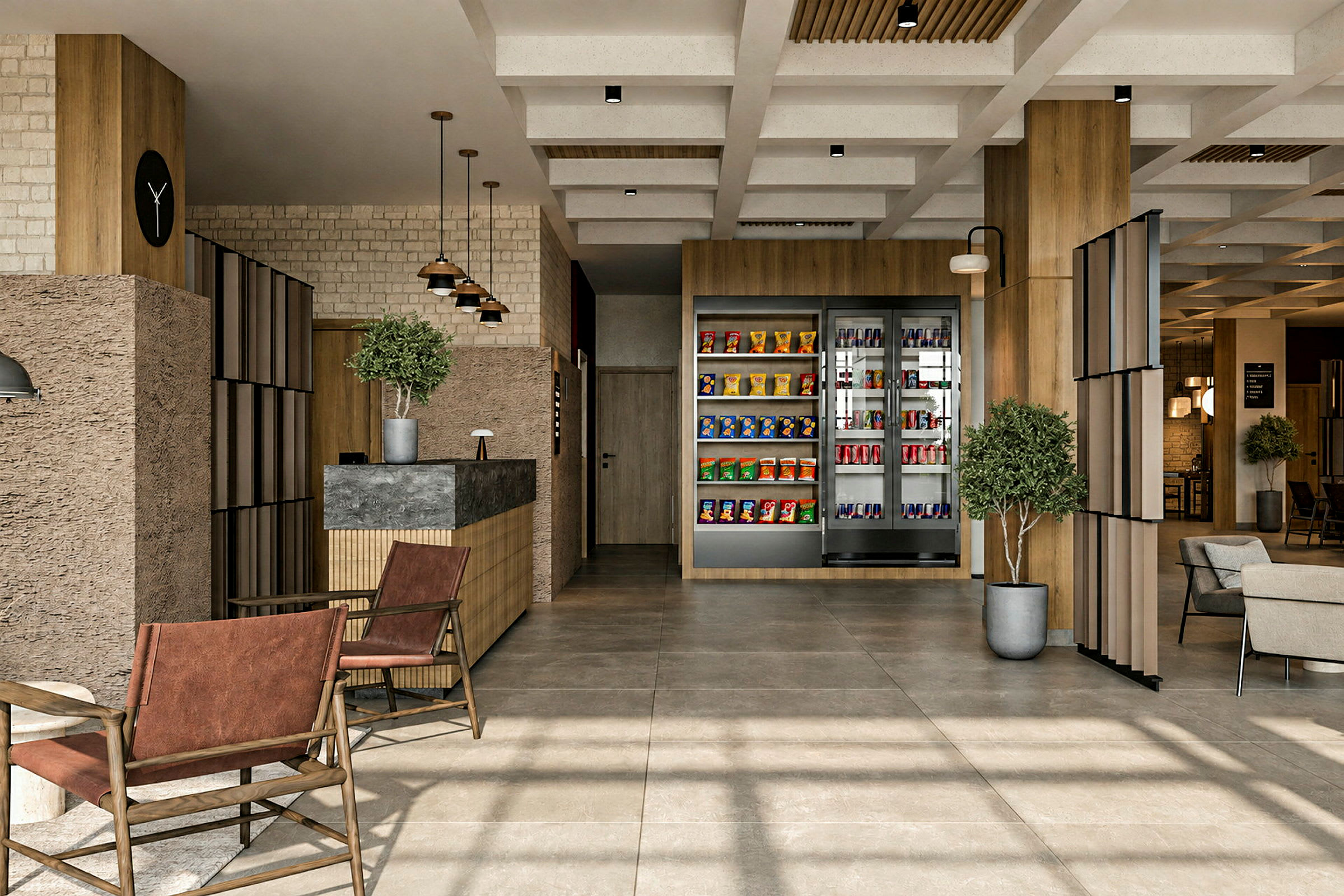 Resepsjons- og loungeområde med moderne innredning, små bord, stoler, snacksautomat og planter. (AI-generert tekst)
