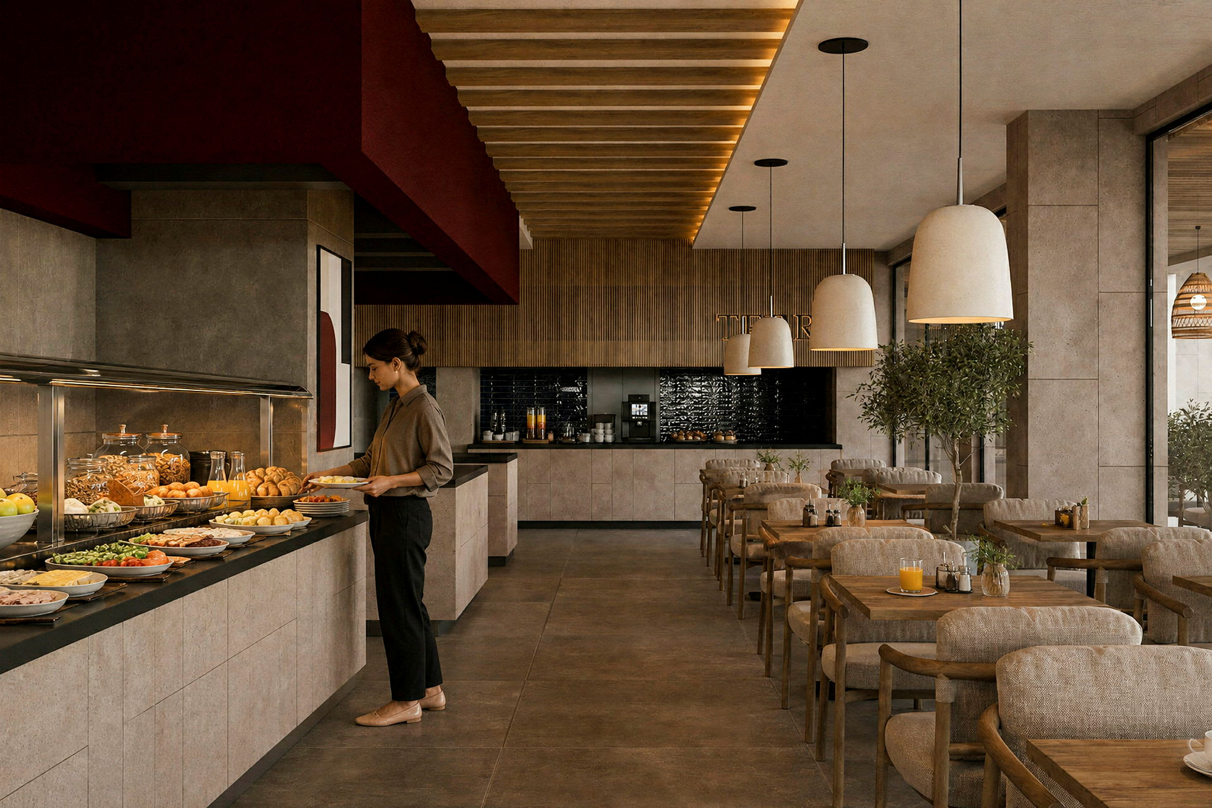 En kvinne står ved en buffé med ulike retter og drikker i en moderne restaurant. (AI-generert tekst)