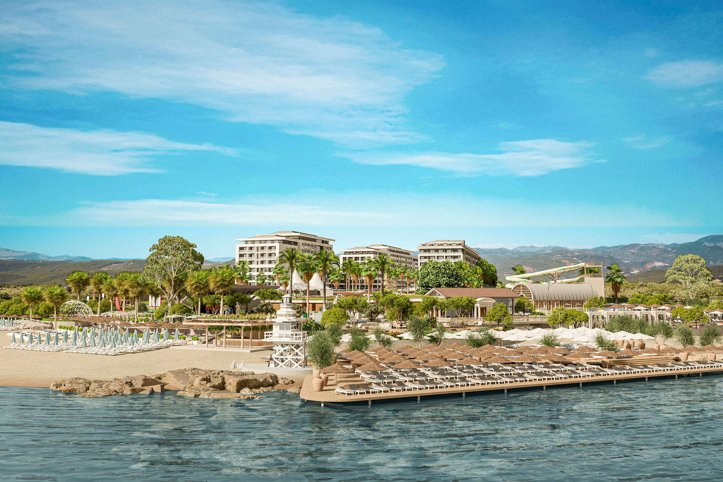 Strand med solsenger og en brygge foran et resortområde med bygninger og palmer. (AI-generert tekst)