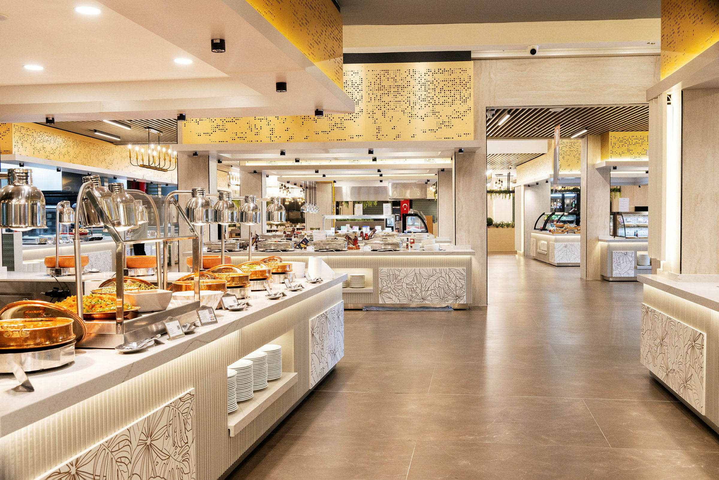 Moderne buffetområder med mat og store åpne rom. (AI-generert tekst)