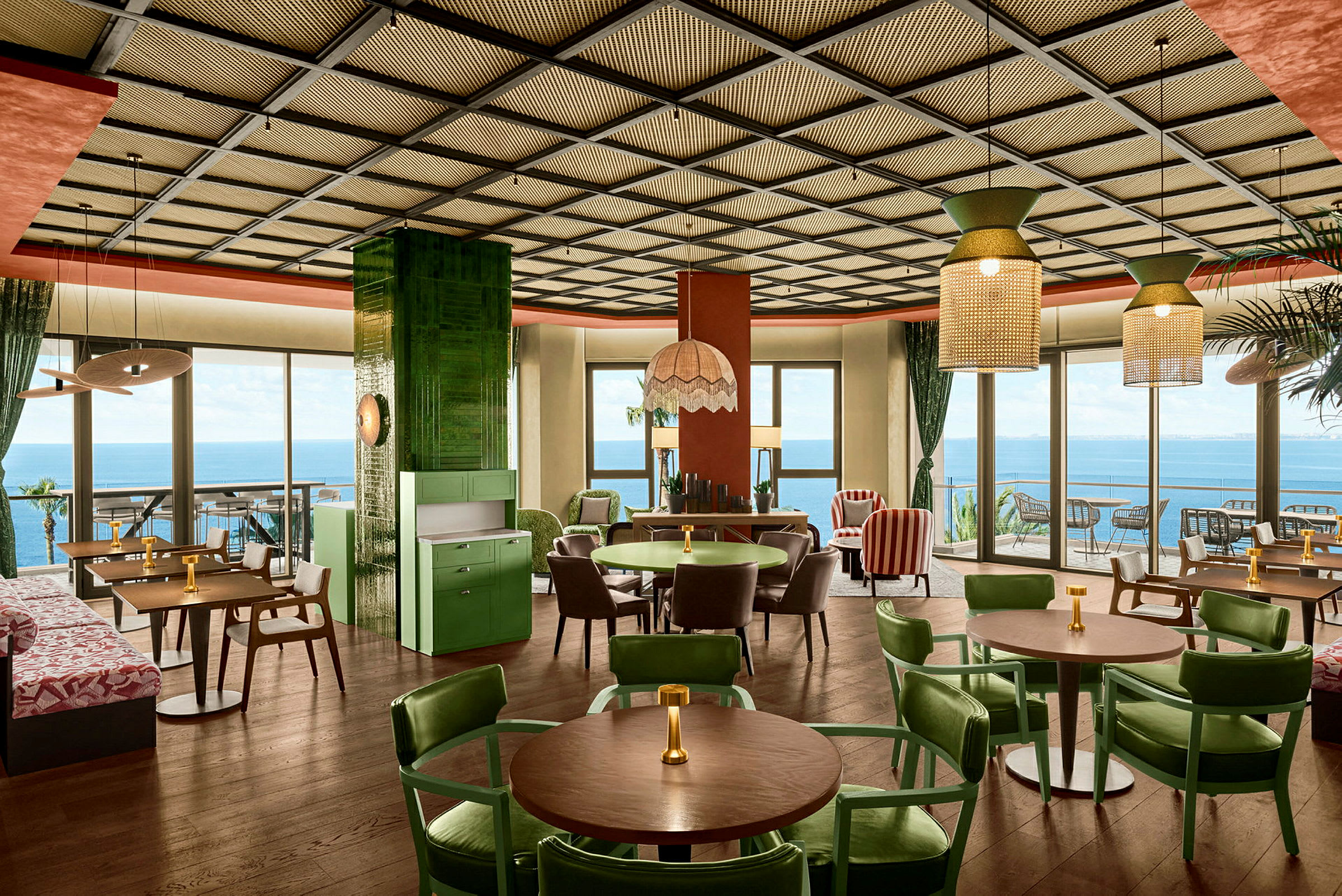 En elegant kafé med havutsikt, innredet med fargerike stoler og bord under en stilren takdesign. (AI-generert tekst)