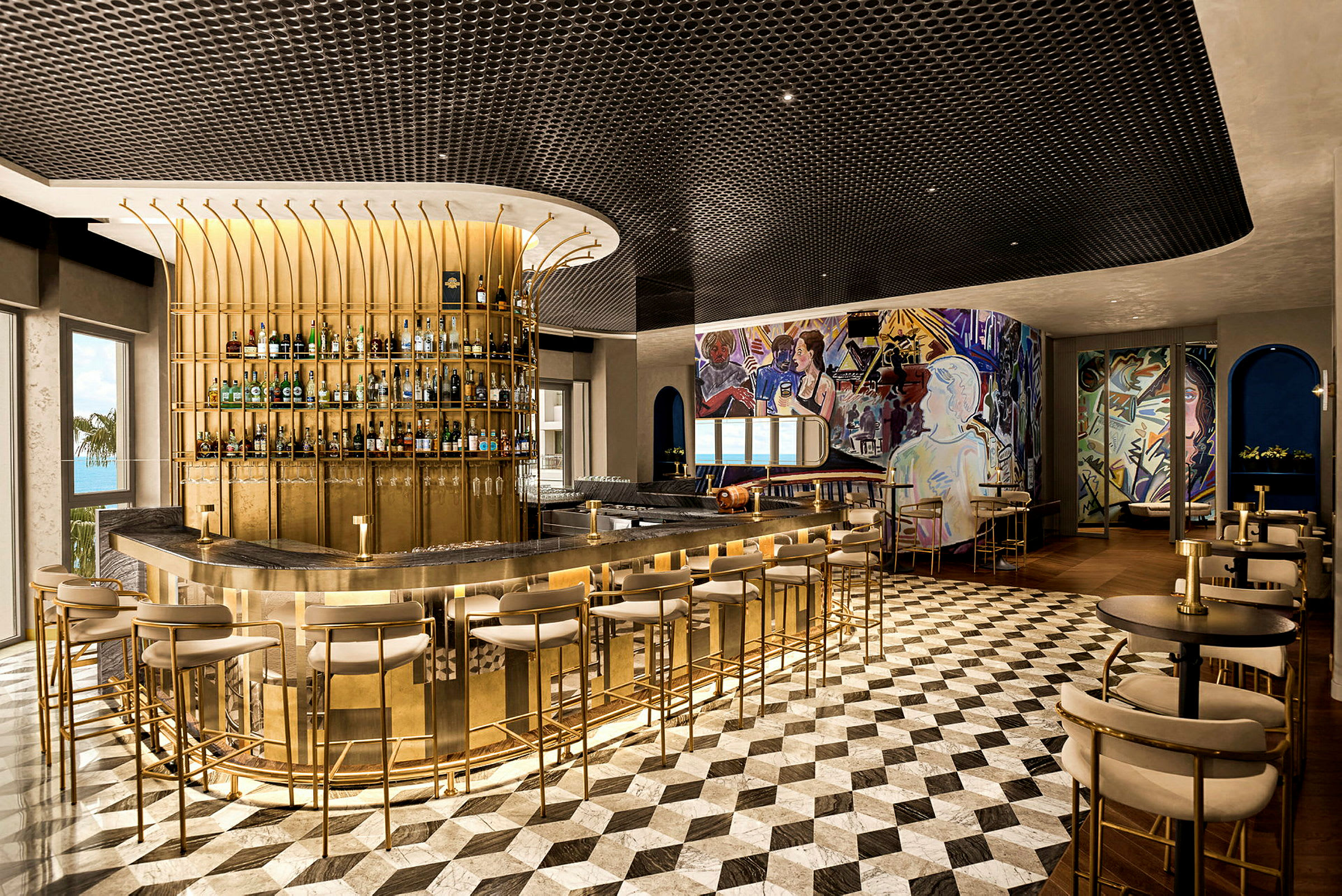 En elegant bar med gullfargede interiørdetaljer, geometriske gulvfliser og kunstneriske veggmalerier. (AI-generert tekst)