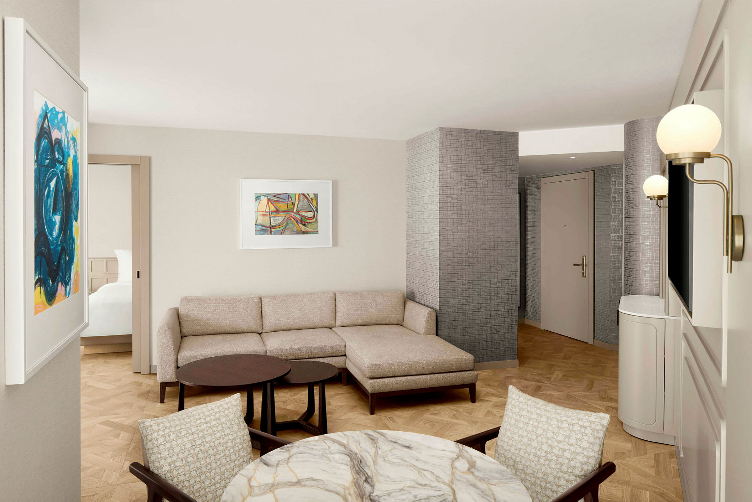 Bilde av en moderne stue med sofa, bord og veggdekorasjoner. (AI-generert tekst)