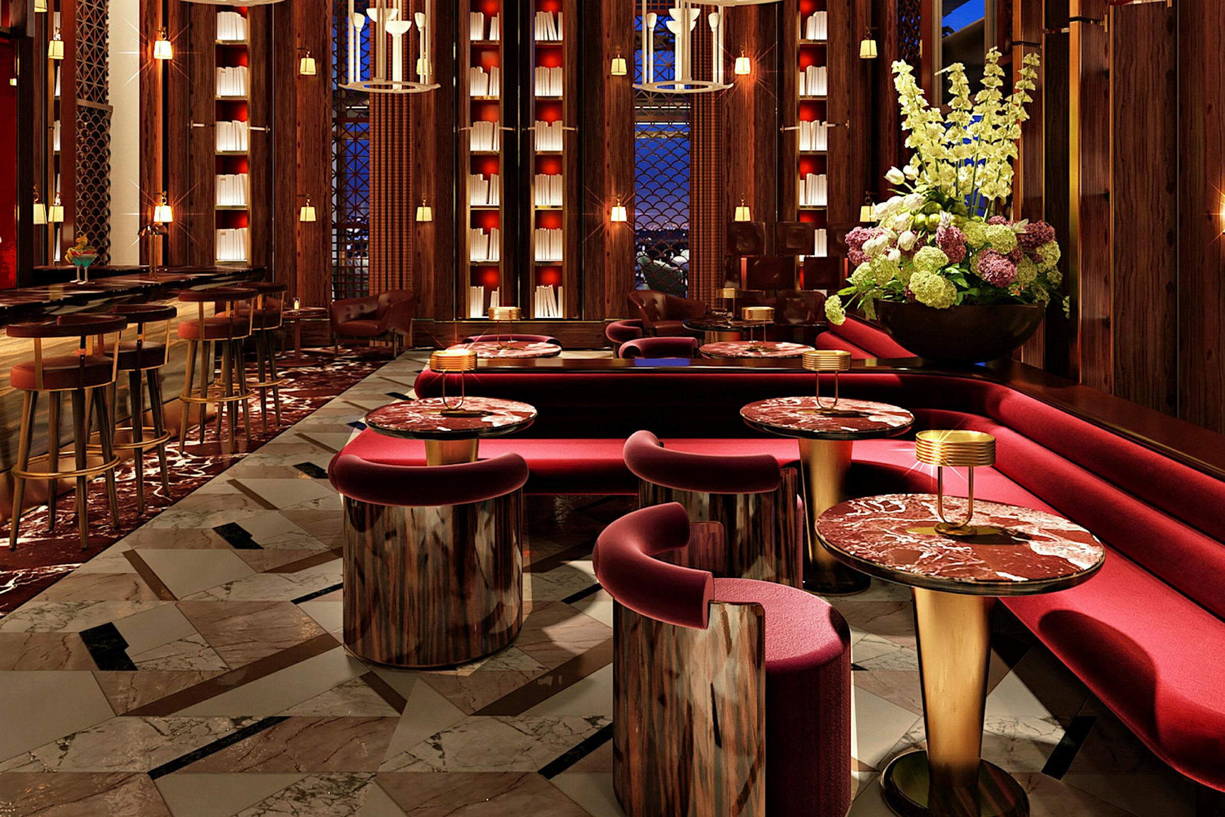 En elegant lounge med røde møbler, marmorbord og gullfargede detaljer. Atmosfæren er varm med dempet belysning og en blomsteroppsats. (AI-generert tekst)