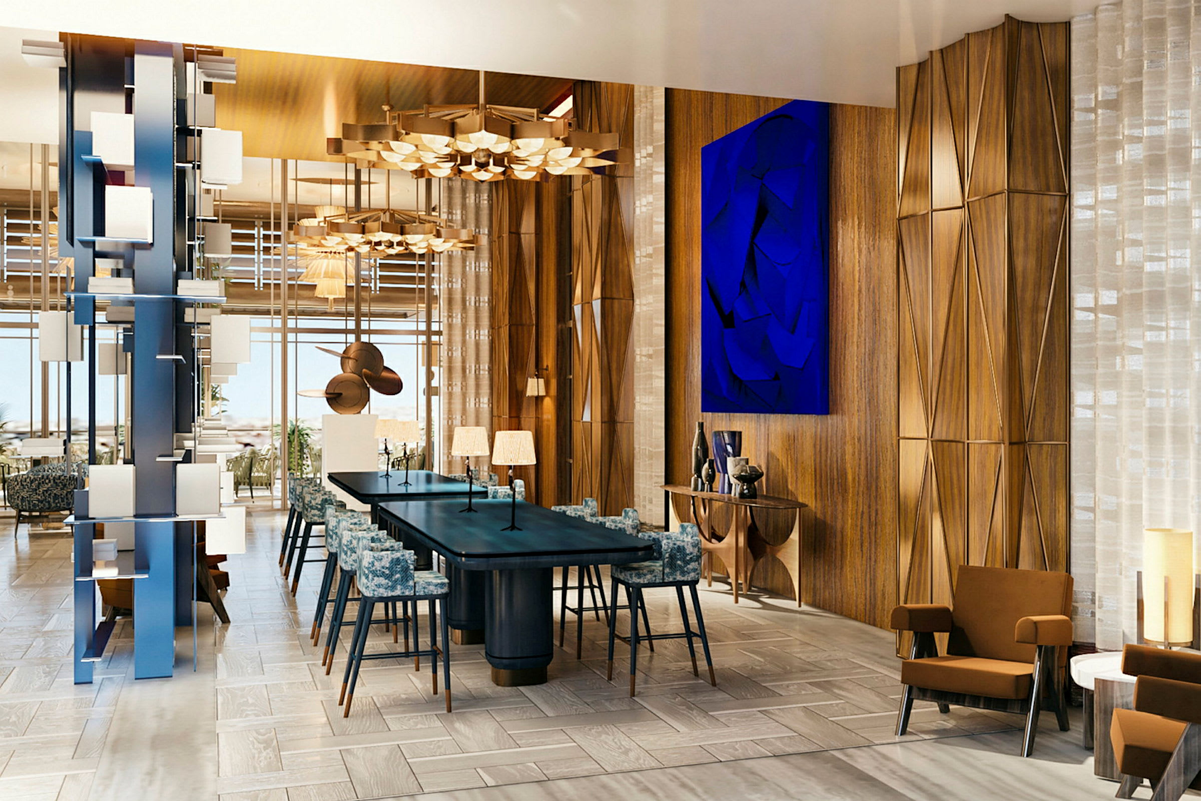 Moderne møbler og interiørdetaljer i elegant hotellrestaurant. (AI-generert tekst)