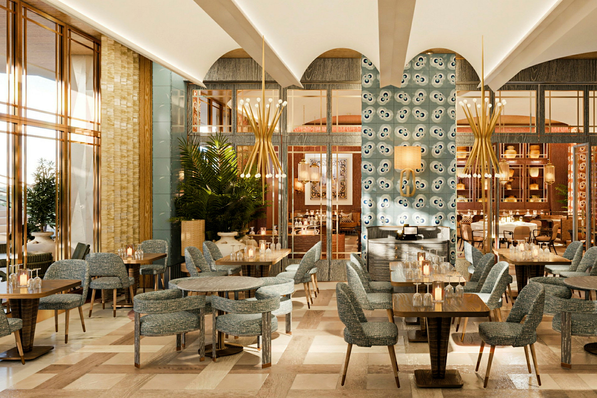 En elegant restaurant med moderne møbler og dekorative detaljer. (AI-generert tekst)