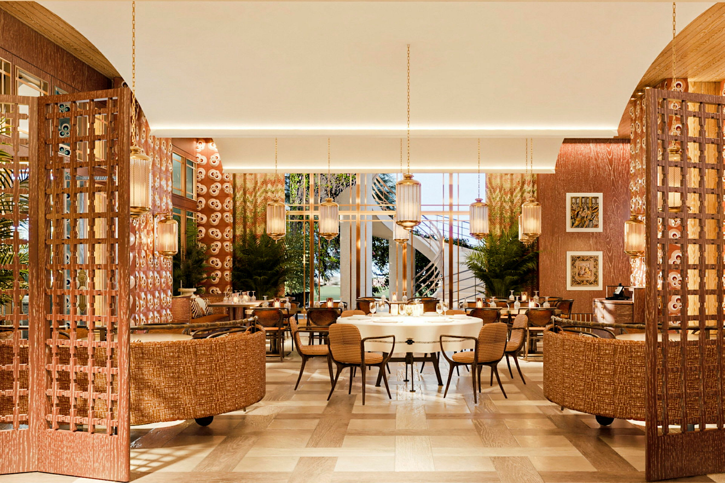 Et elegant restaurantinteriør med bord, stoler og moderne belysningsarmaturer. Fargerike vegger og planter skaper en sofistikert atmosfære. (AI-generert tekst)