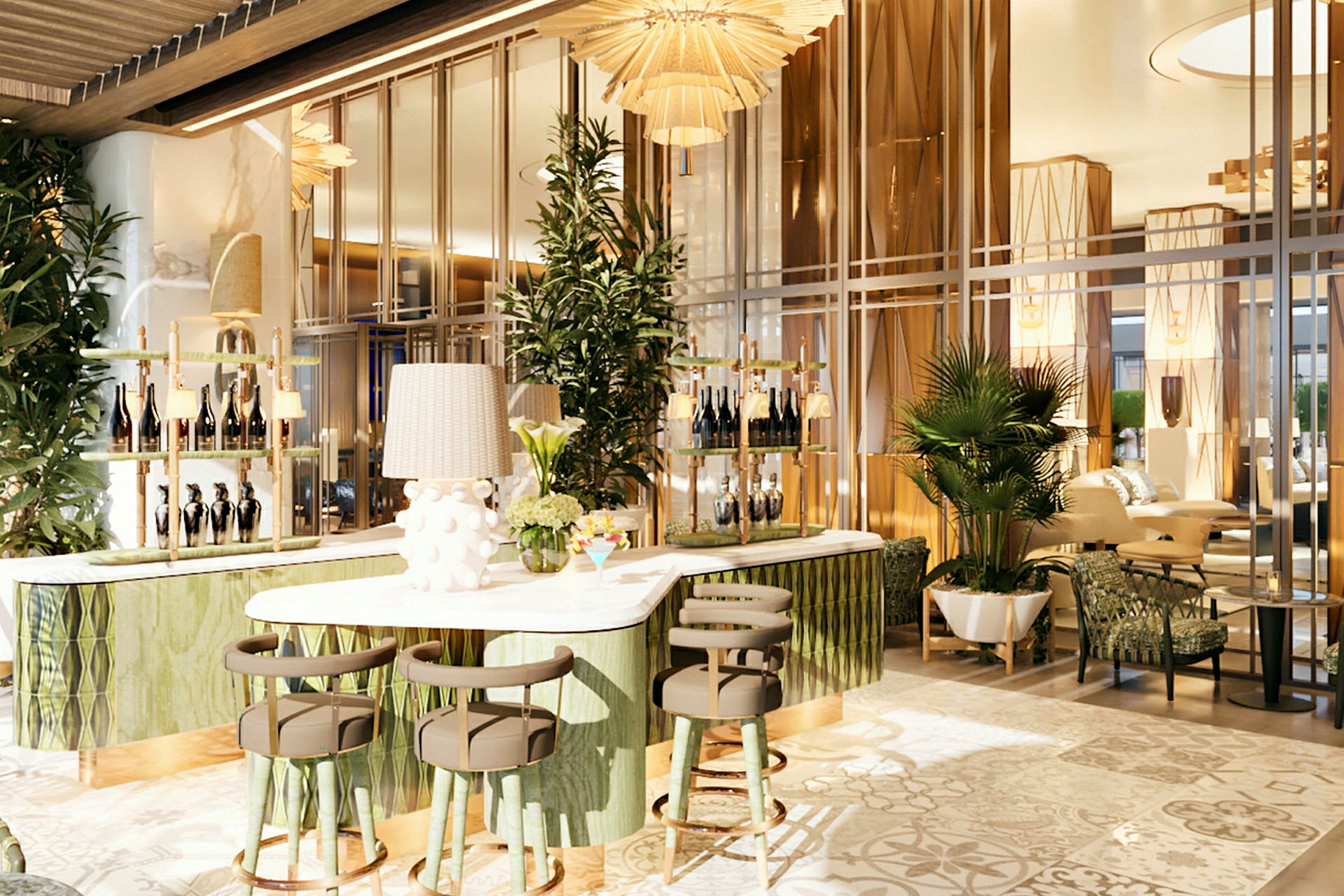 En elegant hotellbar med grønne møbler og dekorasjoner, omgitt av planter og lamper. (AI-generert tekst)