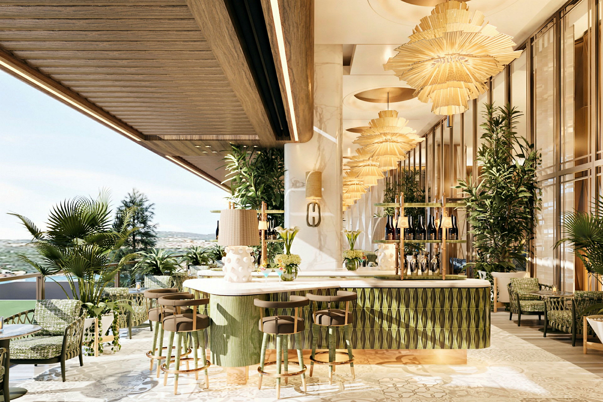 En elegant innredet restaurant med grønne detaljer og store lysekroner. (AI-generert tekst)