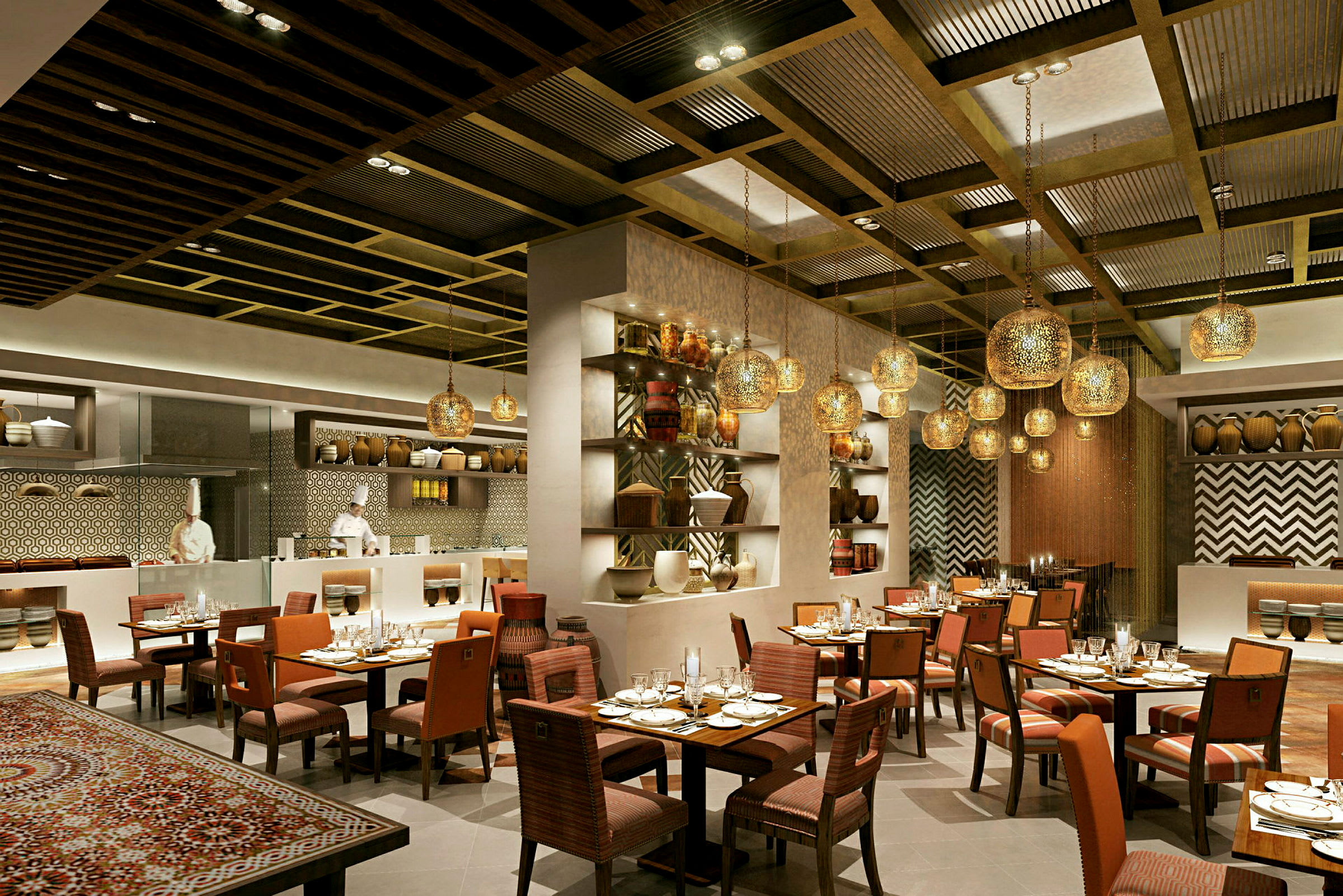 En elegant restaurant med stilfull innredning med runde lamper, hyller fylt med keramiske krukker og bord med duker klare for servering. (AI-generert tekst)