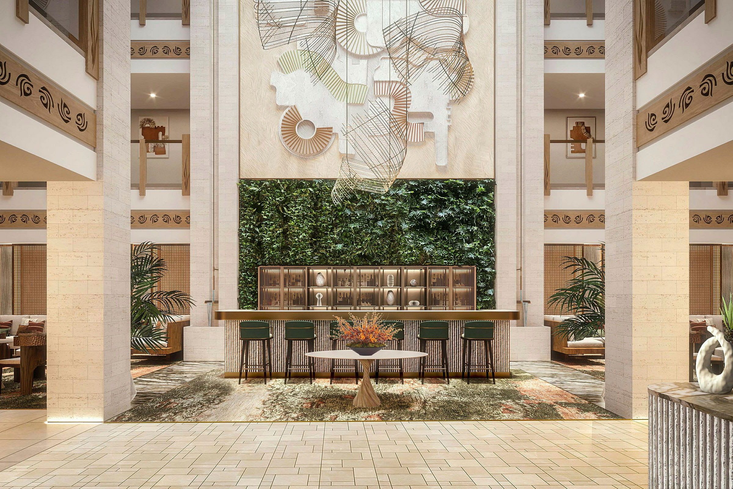 En hotellobby med grønn plantevegg, sittemøbler og kunstneriske dekorasjoner. (AI-generert tekst)