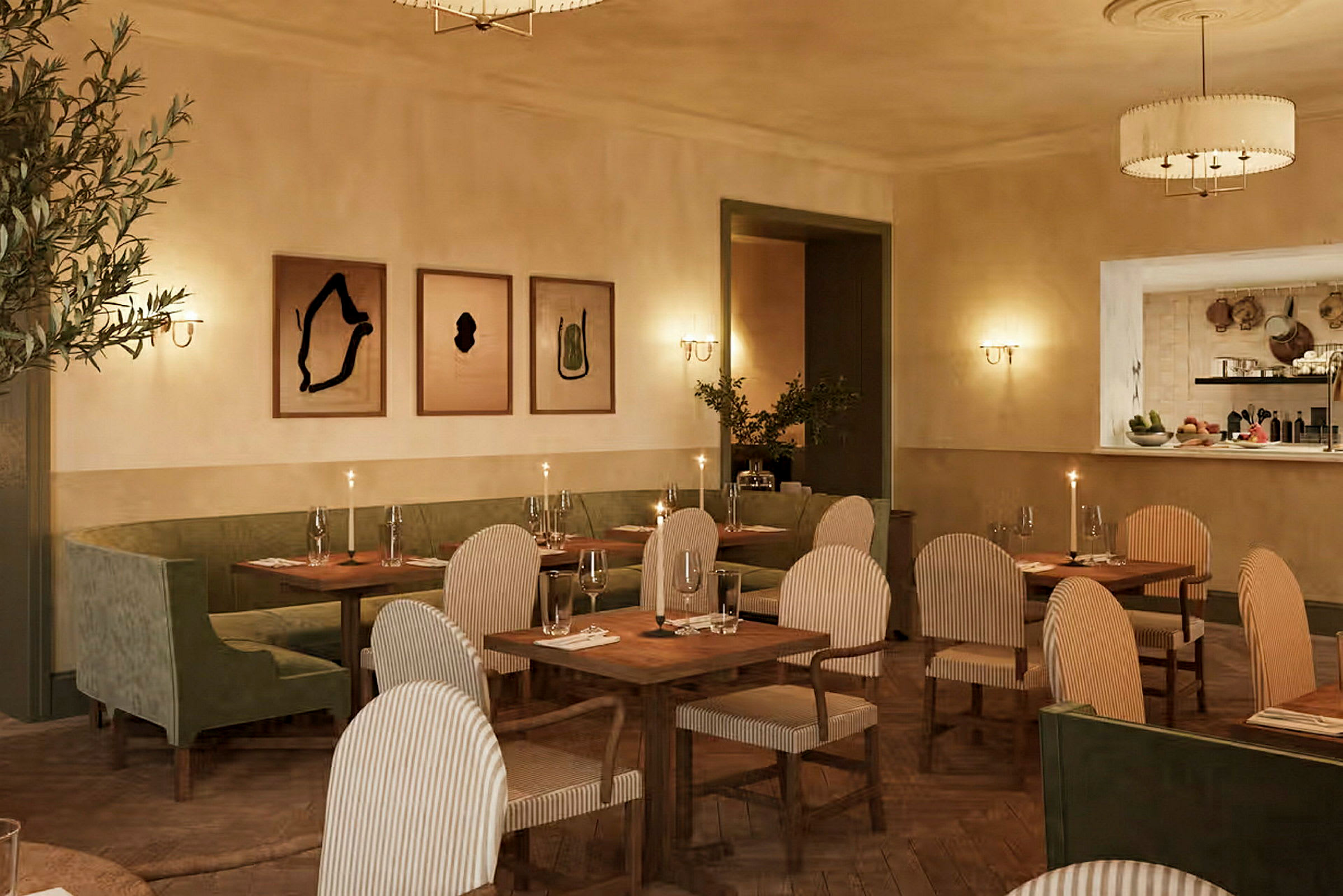 En elegant restaurant med bord, stoler og kunstverk på veggene. (AI-generert tekst)