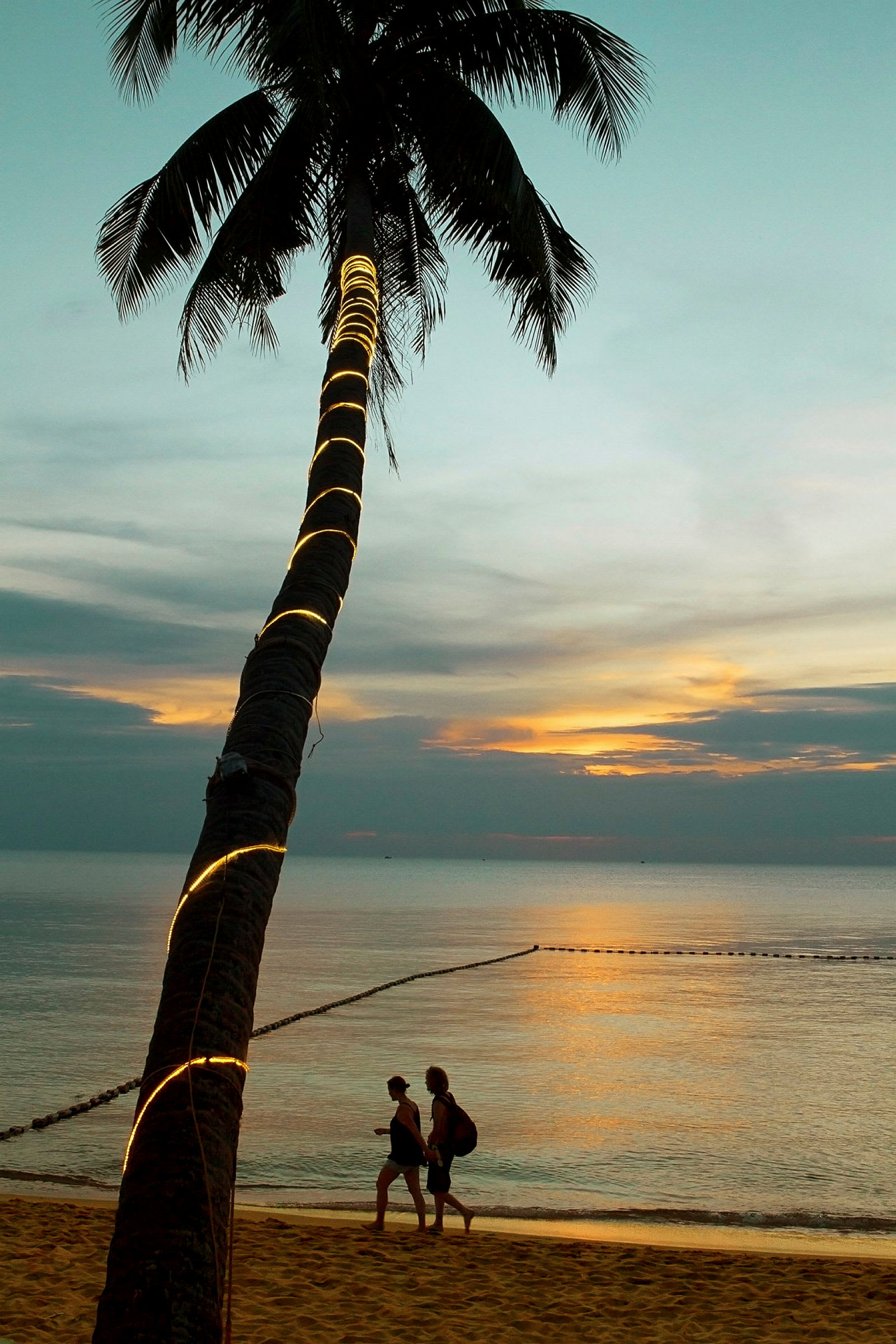 En palme med lyslenker ved en strand i solnedgang, to personer går langs stranden. (AI-generert tekst)