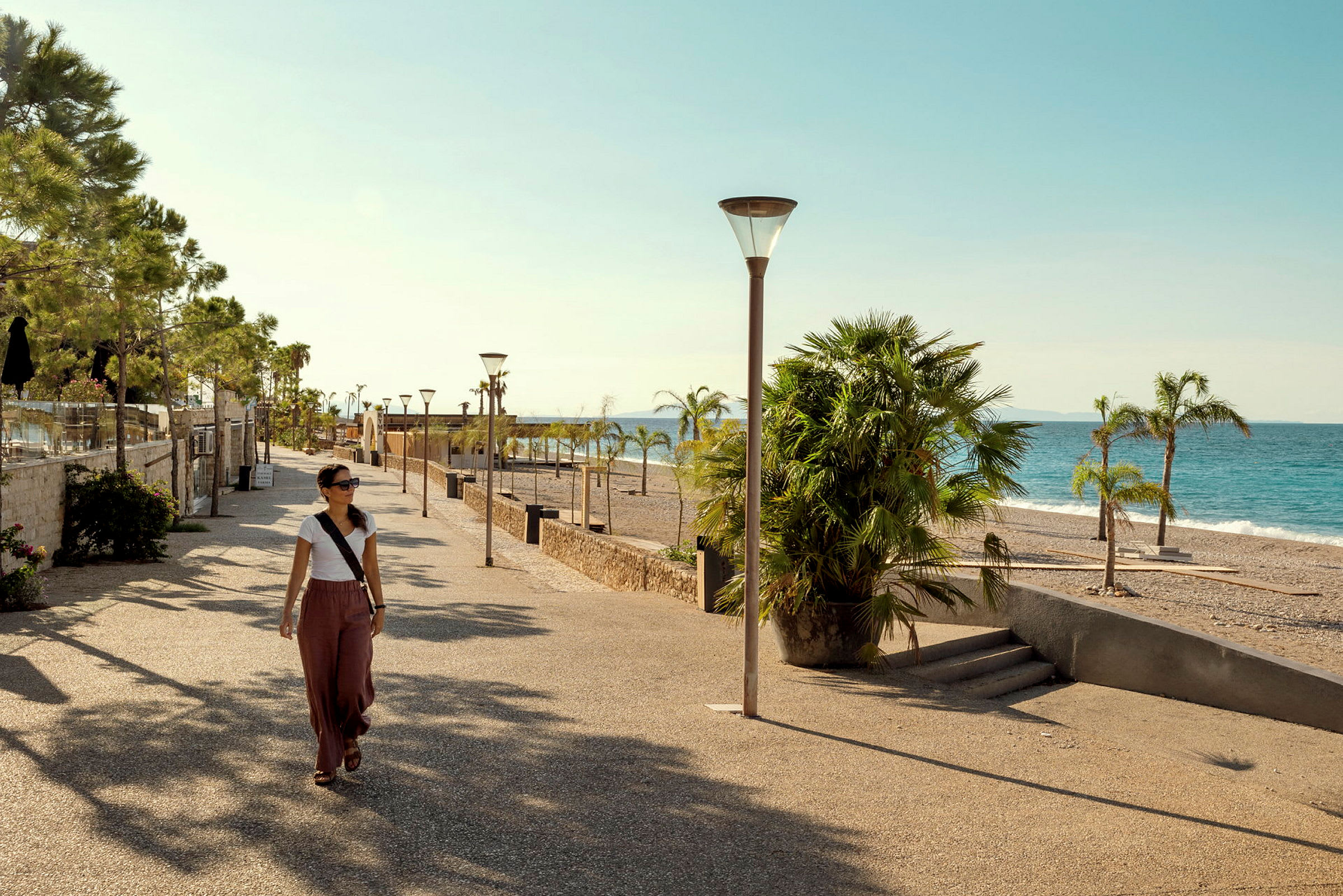 Strandpromenade med palmer og gatebelysning. (AI-generert tekst)