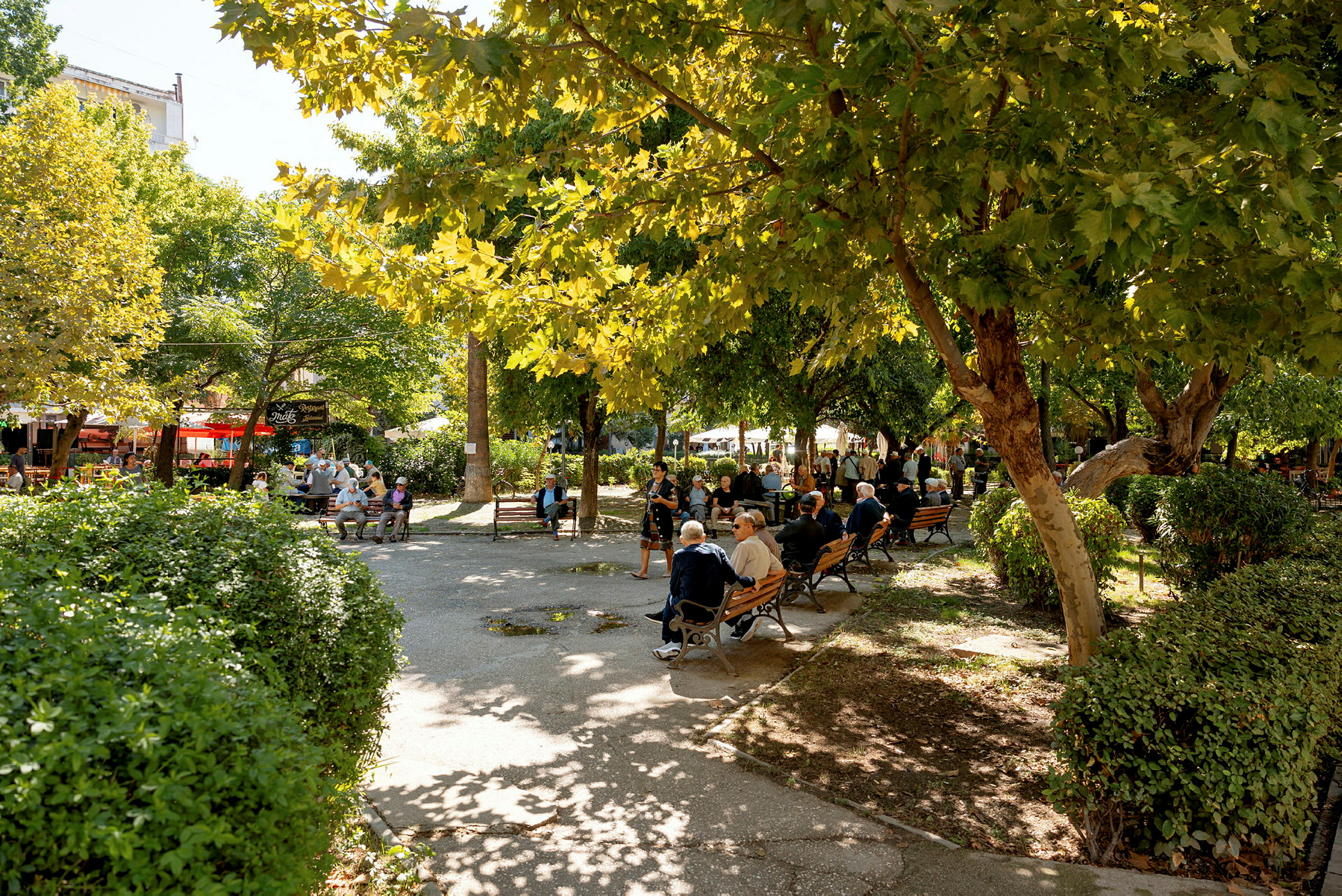 En grønn park med benker og mennesker. (AI-generert tekst)