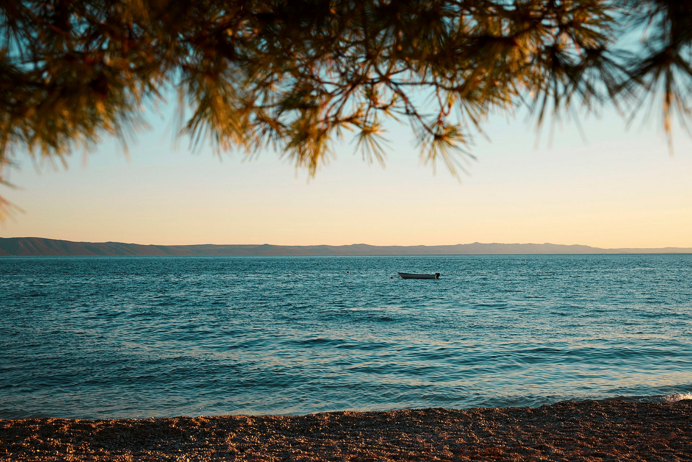 En liten båt på en klarblå sjø med en steinstrand i forgrunnen og tregrener som henger over bildet. (AI-generert tekst)