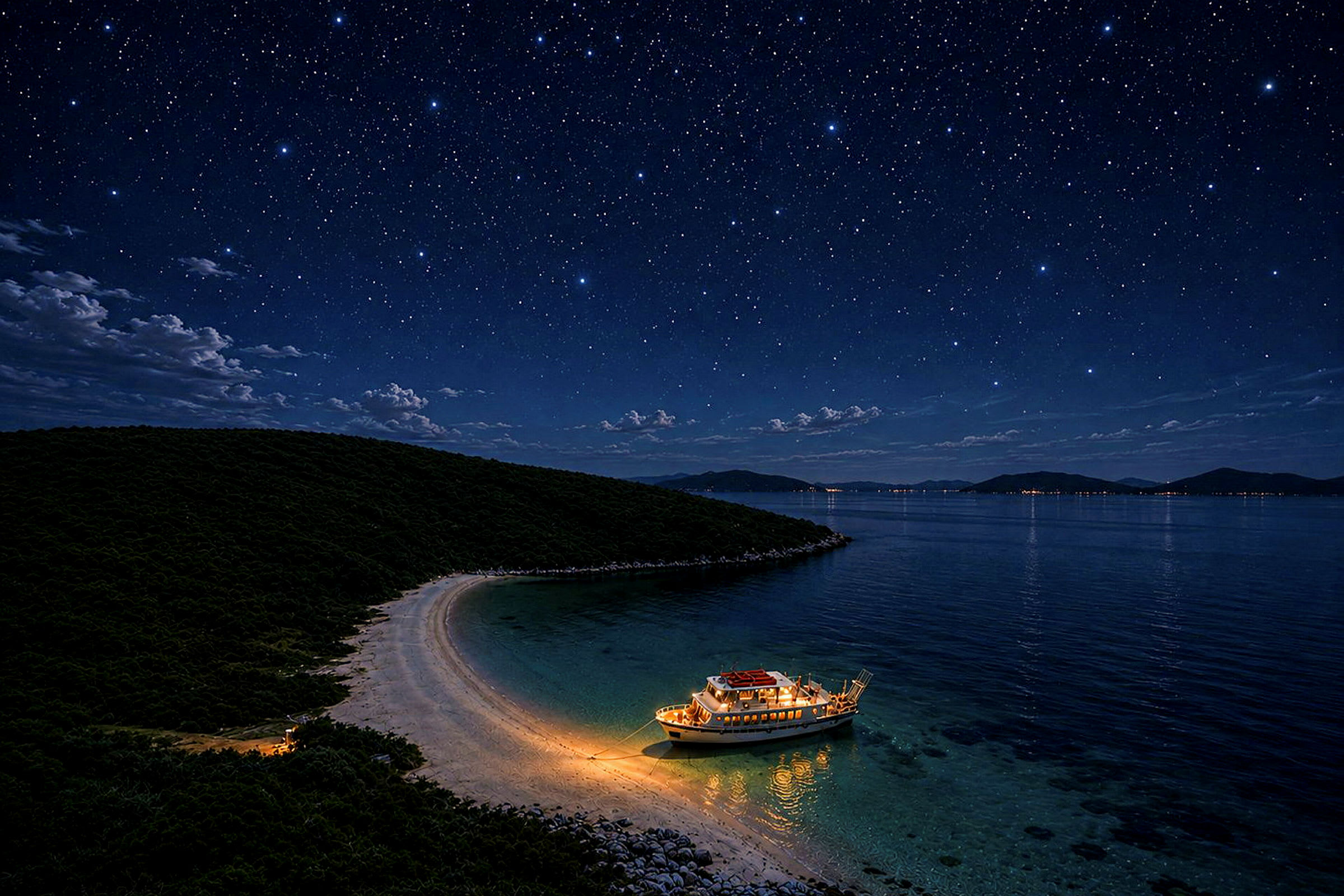 En båt ligger forankret ved en liten strand under en stjerneklar nattehimmel. (AI-generert tekst)
