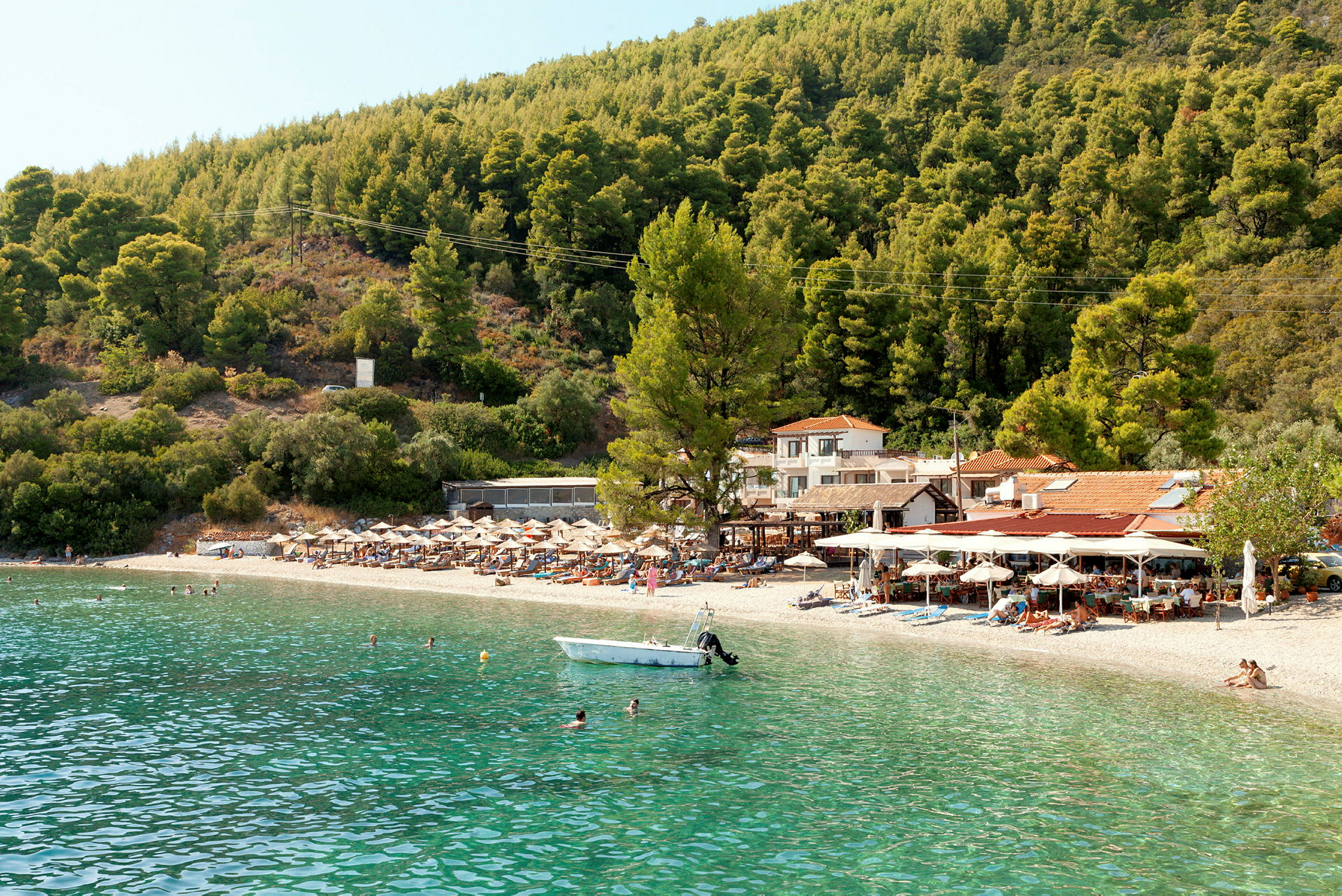 En strand med klart vann, omgitt av frodige trær og med en taverna nær vannet. (AI-generert tekst)