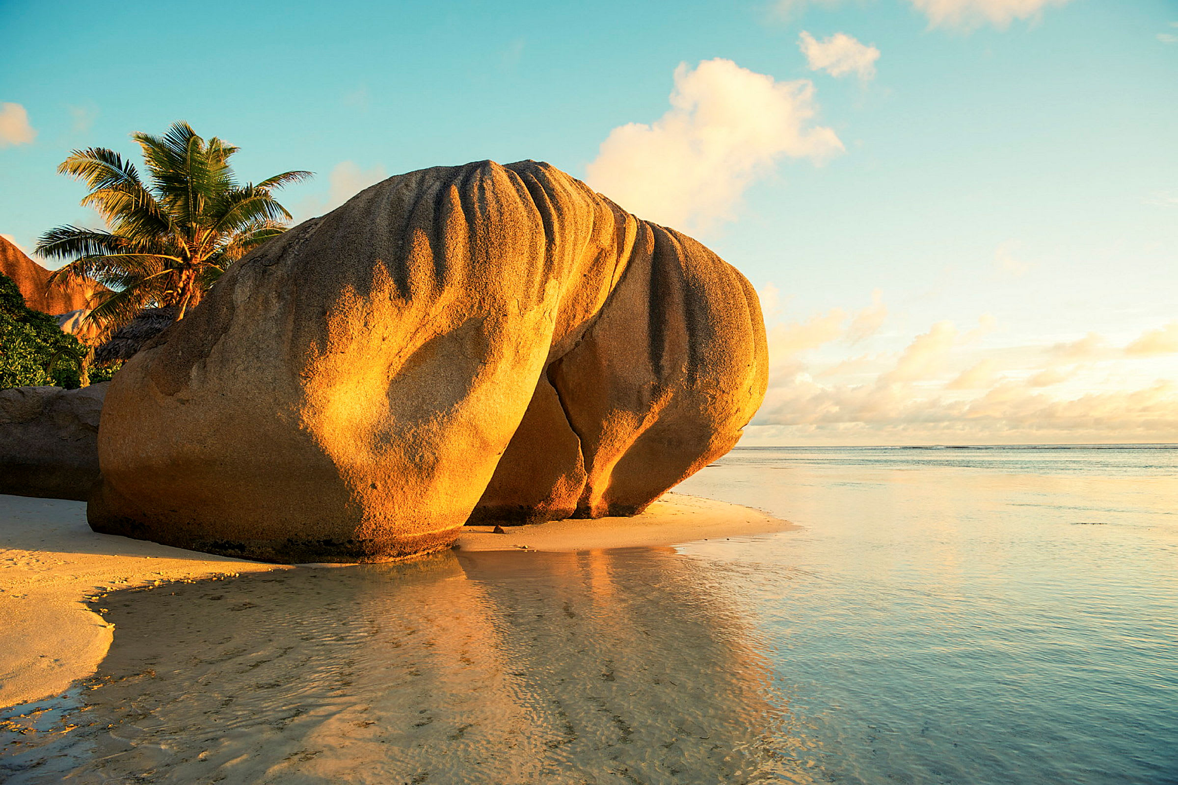 En stor sandsteinsformasjon står på stranden med solnedgangen i bakgrunnen og en palme i bakgrunnen. (AI-generert tekst)